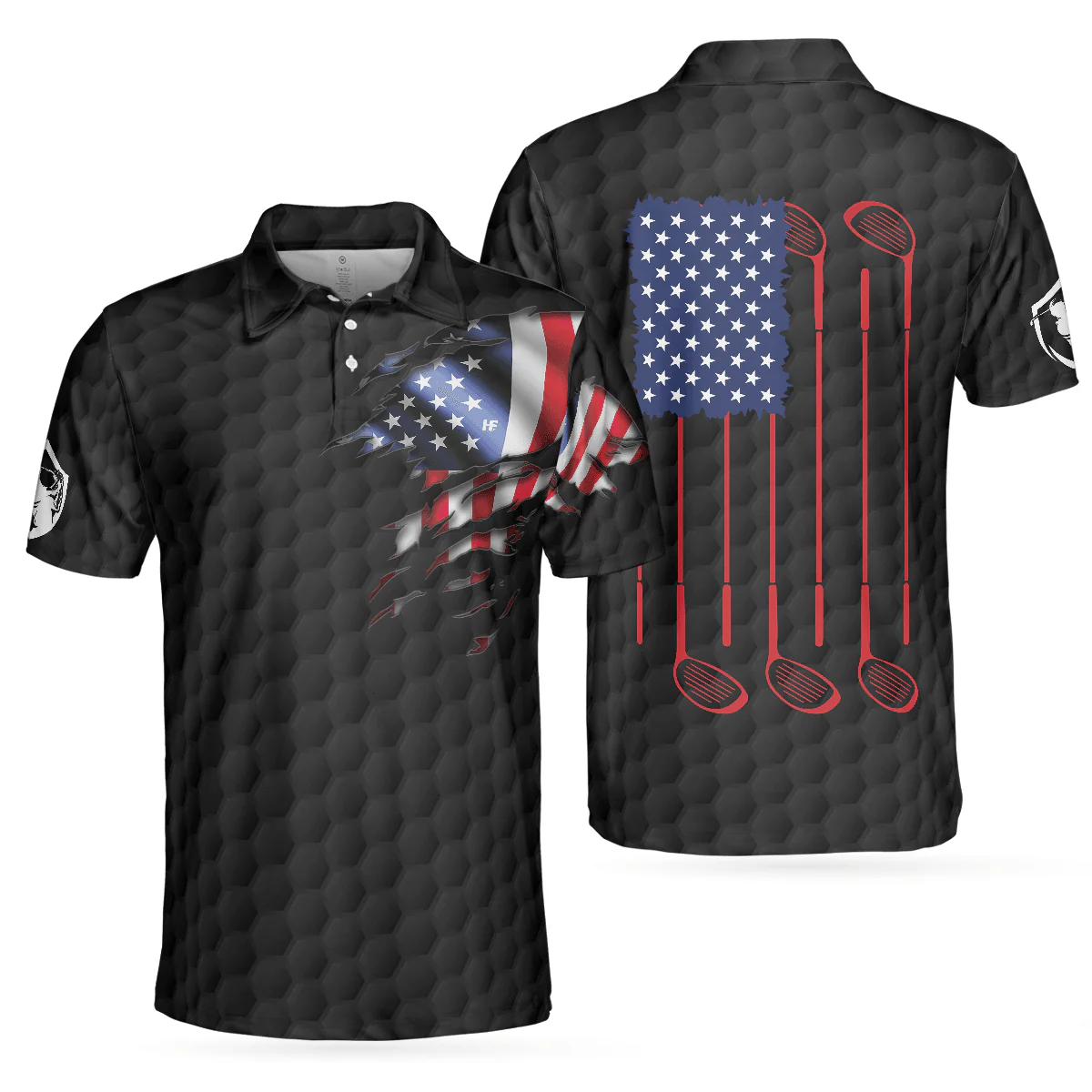 Golf Men Polo Shirt, American Flag Golfer Black Version, Golf Ball Pattern Polo Shirt For Men - Gift For Golfers, Golf Lovers