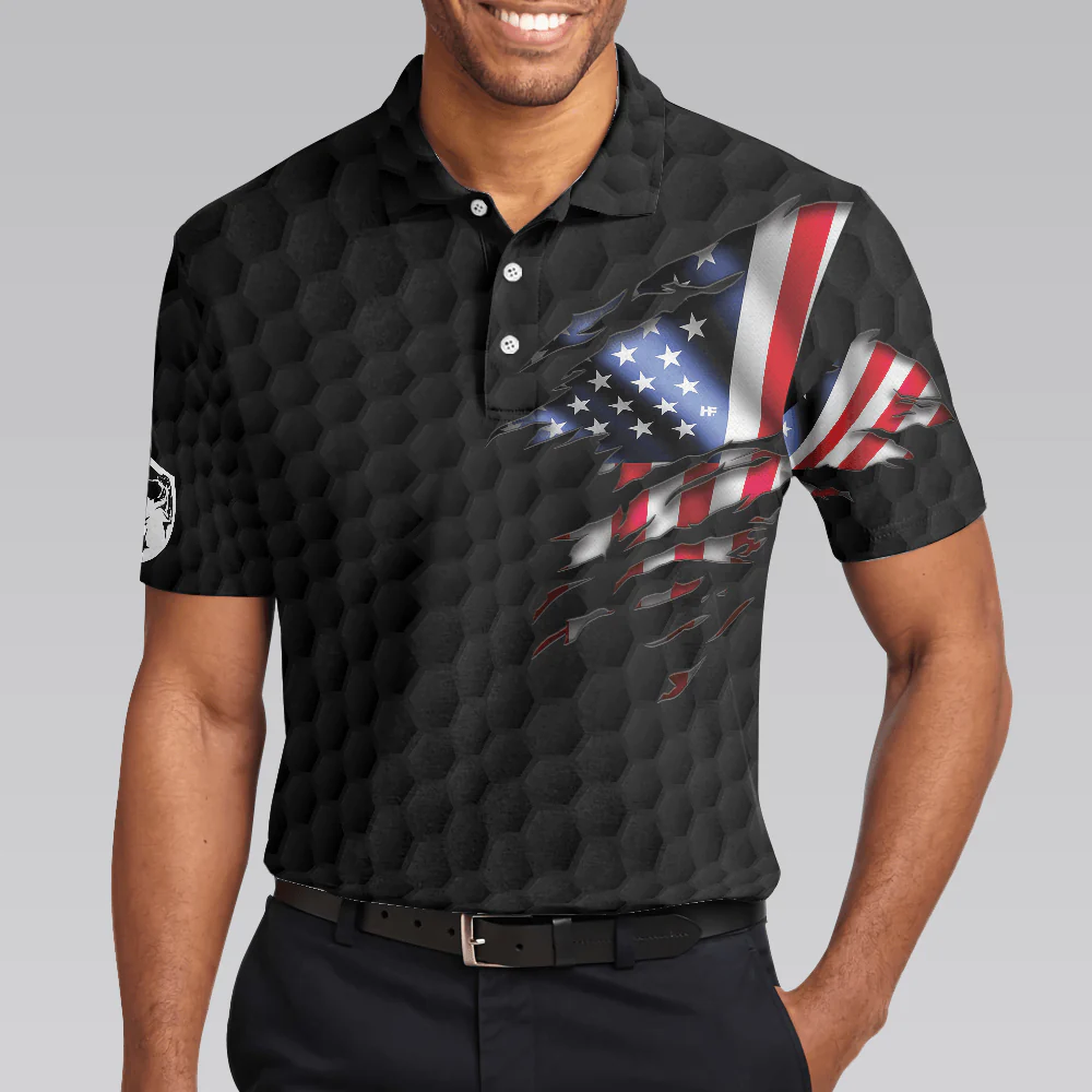 Golf Men Polo Shirt, American Flag Golfer Black Version, Golf Ball Pattern Polo Shirt For Men - Gift For Golfers, Golf Lovers - Image 4