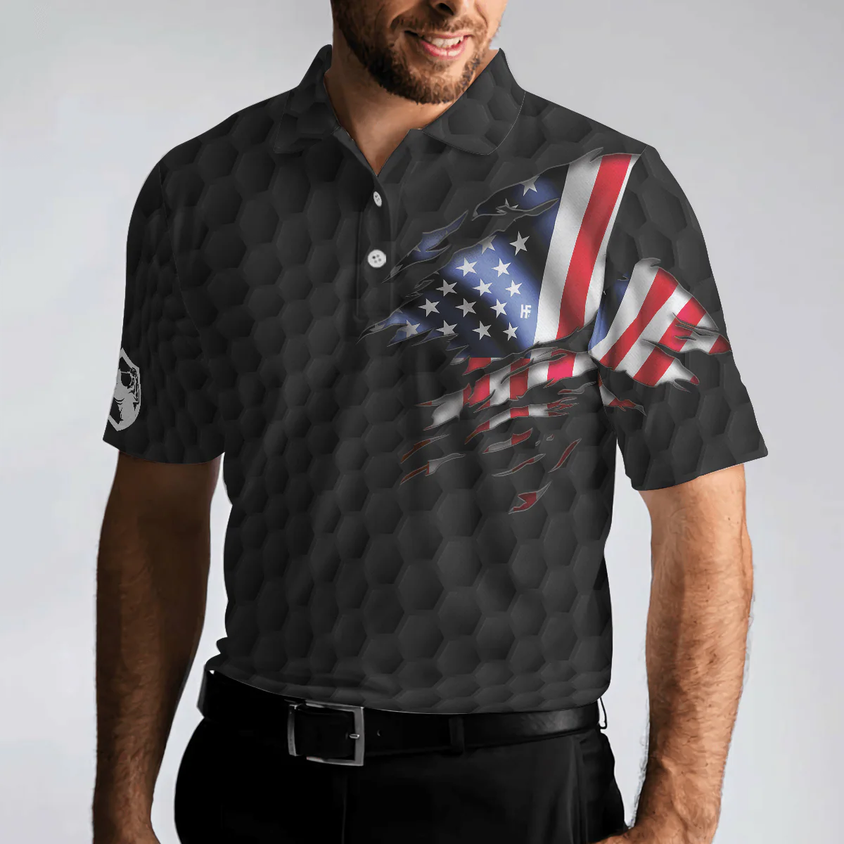 Golf Men Polo Shirt, American Flag Golfer Black Version, Golf Ball Pattern Polo Shirt For Men - Gift For Golfers, Golf Lovers - Image 5