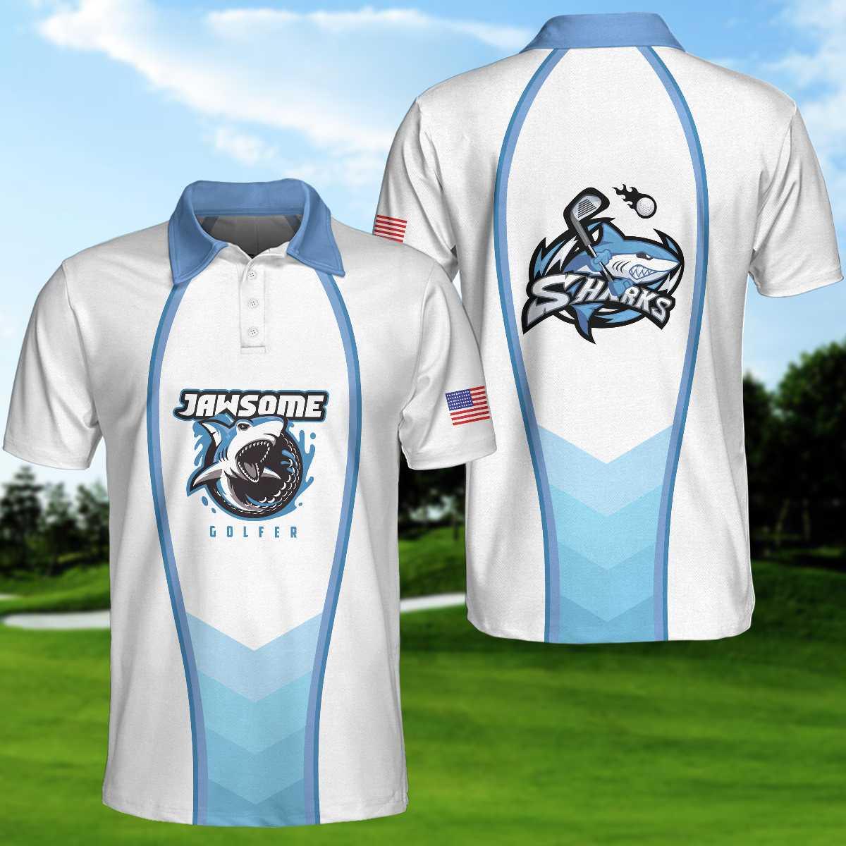 Golf Men Polo Shirt, American Flag Shark, Jawsome Golfer Polo Shirt For Men - Best Gift For Golfers, Golf Lovers