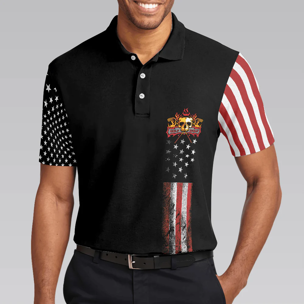 Golf Men Polo Shirt, American Flag Skull Golf Polo Shirt, Dark Theme American Flag Polo Shirt For Men - Best Gift For Golf Lovers, Golfers - Image 2