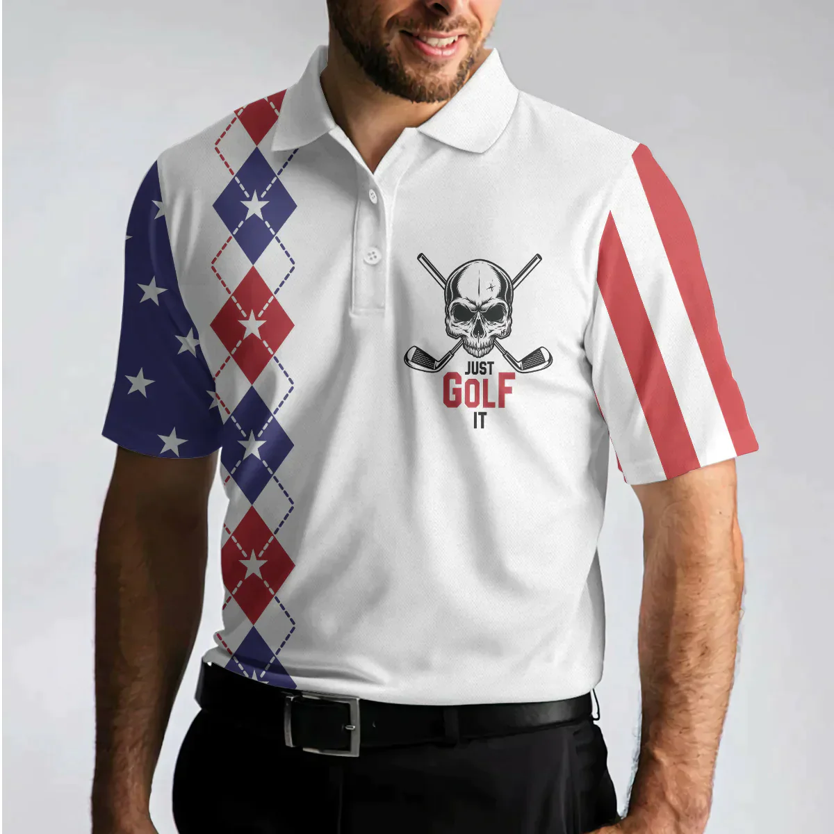 Golf Men Polo Shirt, Argyle Pattern American Flag, Just Golf It Skull Golf Polo Shirt For Men - Gift For Golfers, Golf Lovers - Image 5