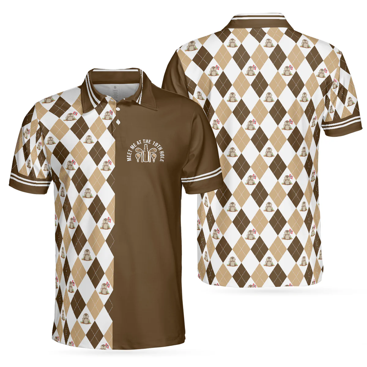 Golf Men Polo Shirt, Argyle Pattern Golf Shirts, Gopher Meet Me At The 19th Hole Short Sleeve Polo Shirt For Men - Gift For Golfers, Golf Lovers