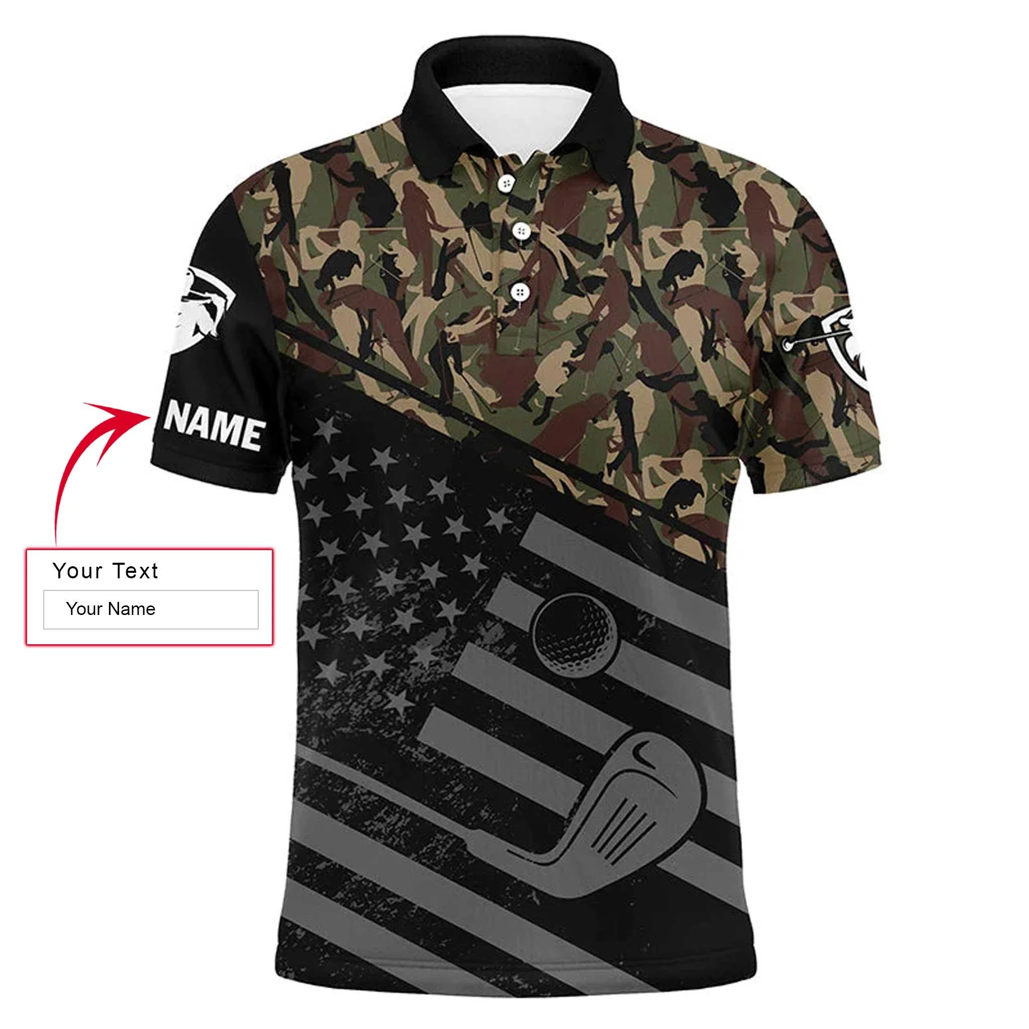 Golf Men Polo Shirt - Black American Flag Patriotic Camo Pattern Custom Name Apparel - Personalized Gift For Golf Lover, Team, 4th July, Patriotic