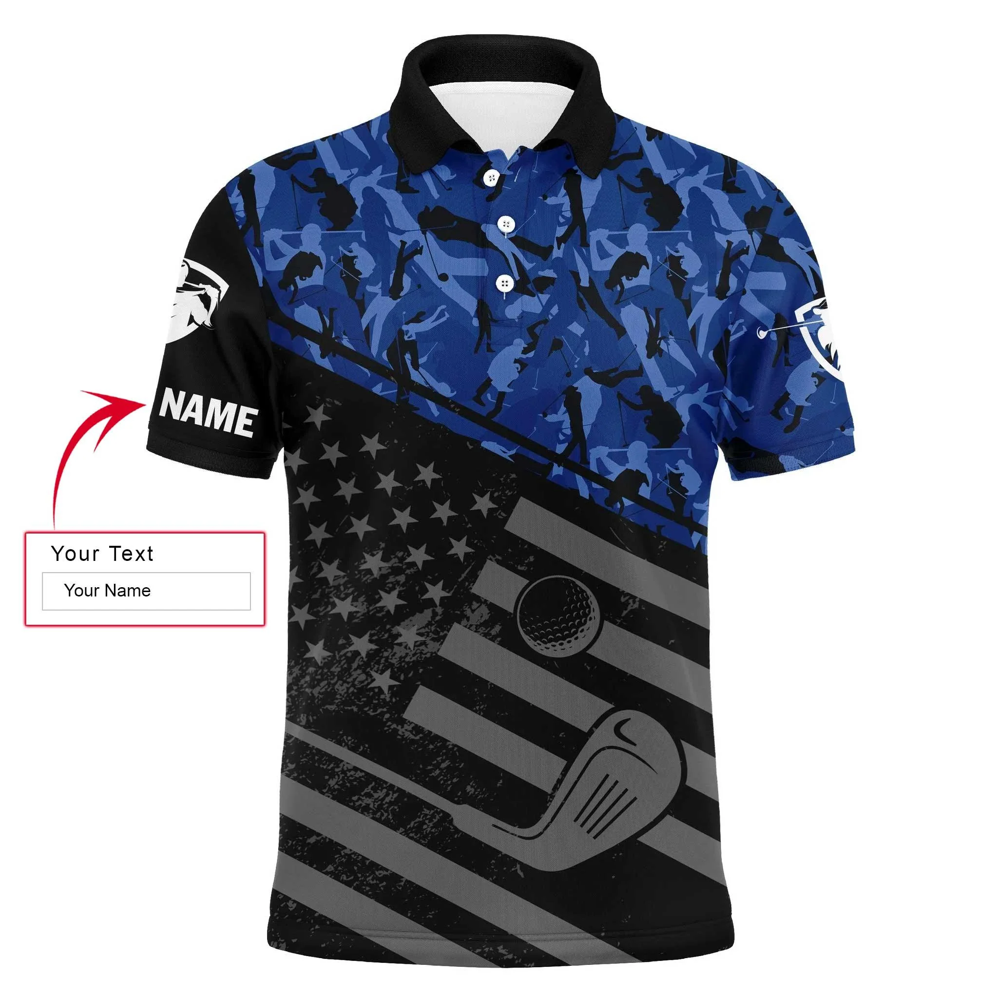 Golf Men Polo Shirt - Black American Flag Patriotic Camo Pattern Custom Name Apparel - Personalized Gift For Golf Lover, Team, 4th July, Patriotic - Image 2