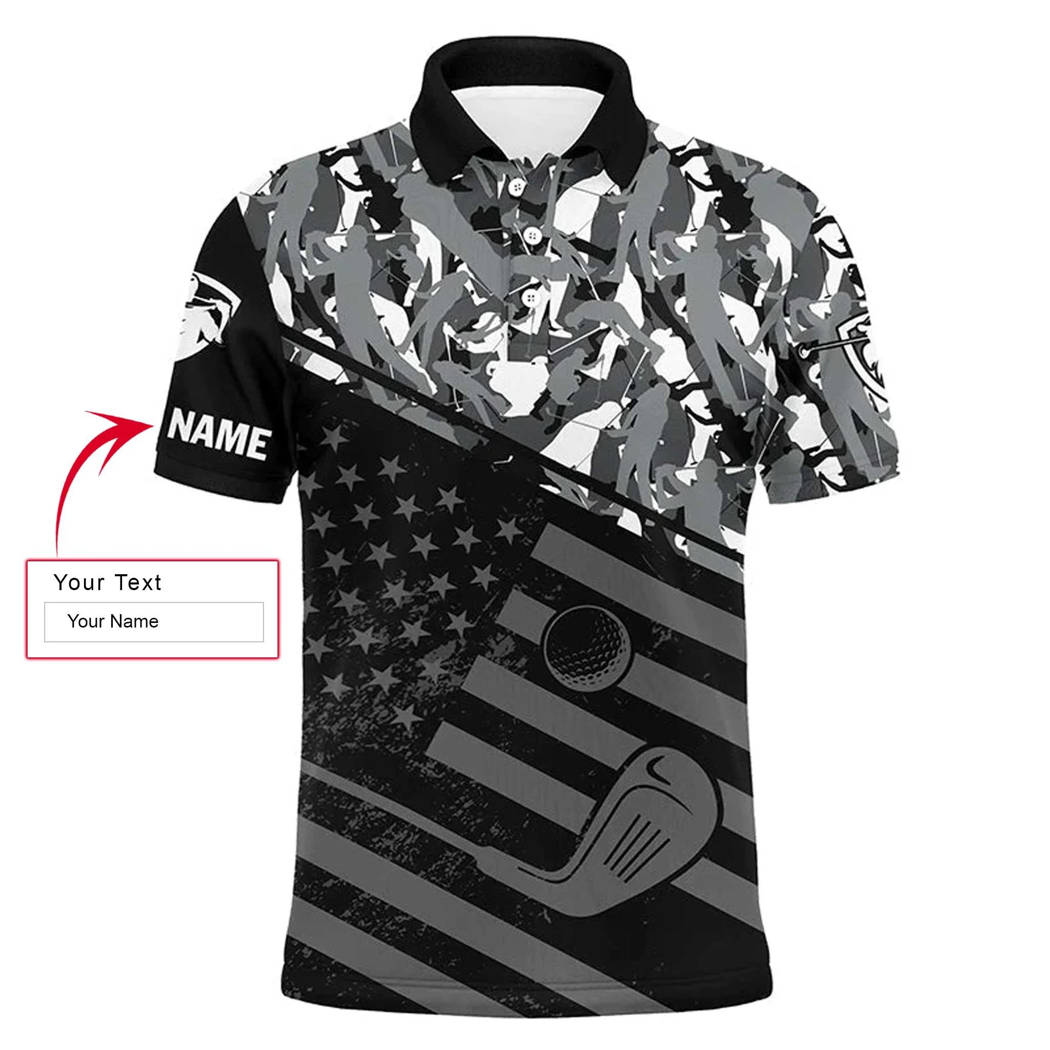 Golf Men Polo Shirt - Black American Flag Patriotic Camo Pattern Custom Name Apparel - Personalized Gift For Golf Lover, Team, 4th July, Patriotic - Image 3