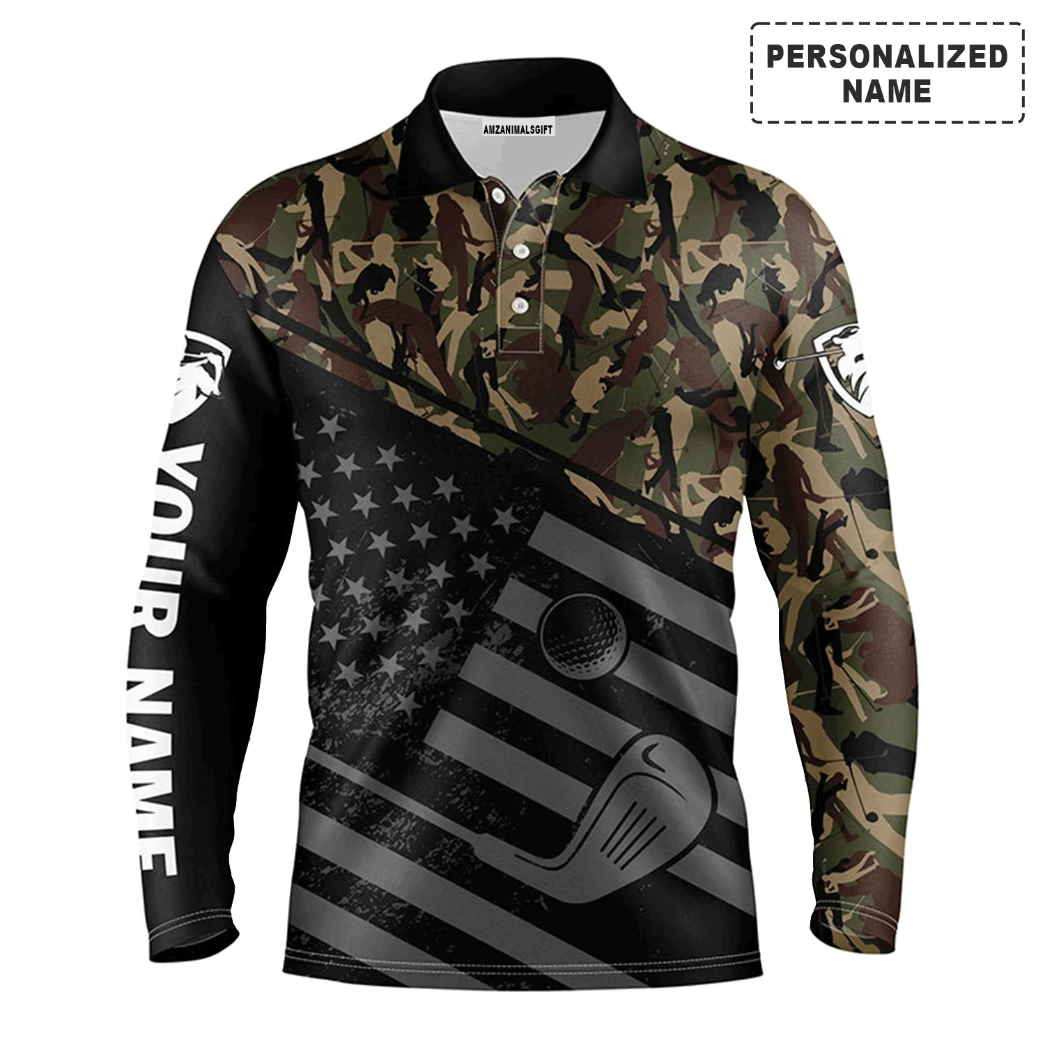 Golf Men Polo Shirt - Black American Flag Patriotic Camo Pattern Custom Name Apparel - Personalized Gift For Golf Lover, Team, 4th July, Patriotic - Image 4