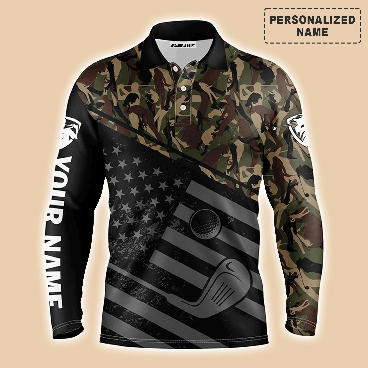 Golf Men Polo Shirt - Black American Flag Patriotic Camo Pattern Custom Name Apparel - Personalized Gift For Golf Lover, Team, 4th July, Patriotic - Image 5