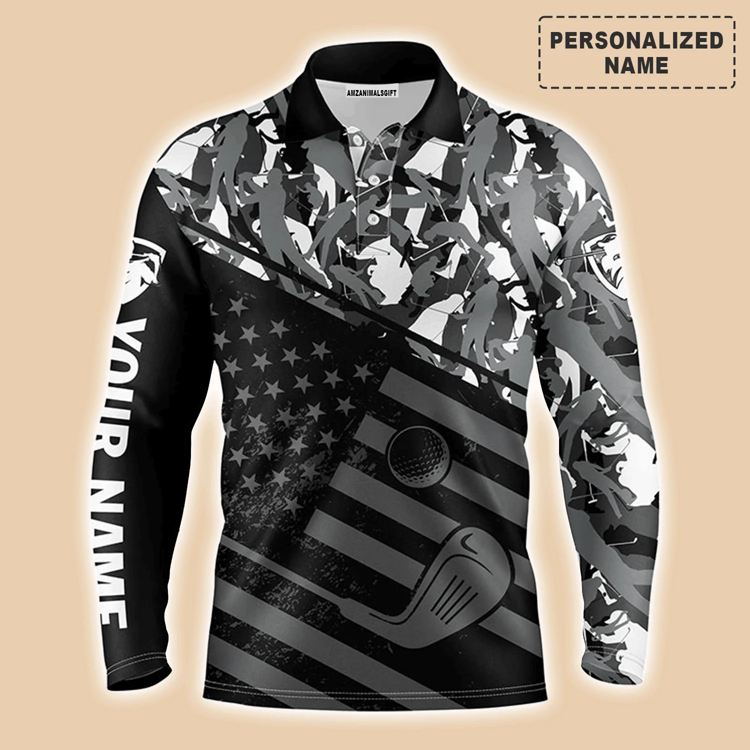 Golf Men Polo Shirt - Black American Flag Patriotic Camo Pattern Custom Name Apparel - Personalized Gift For Golf Lover, Team, 4th July, Patriotic - Image 7