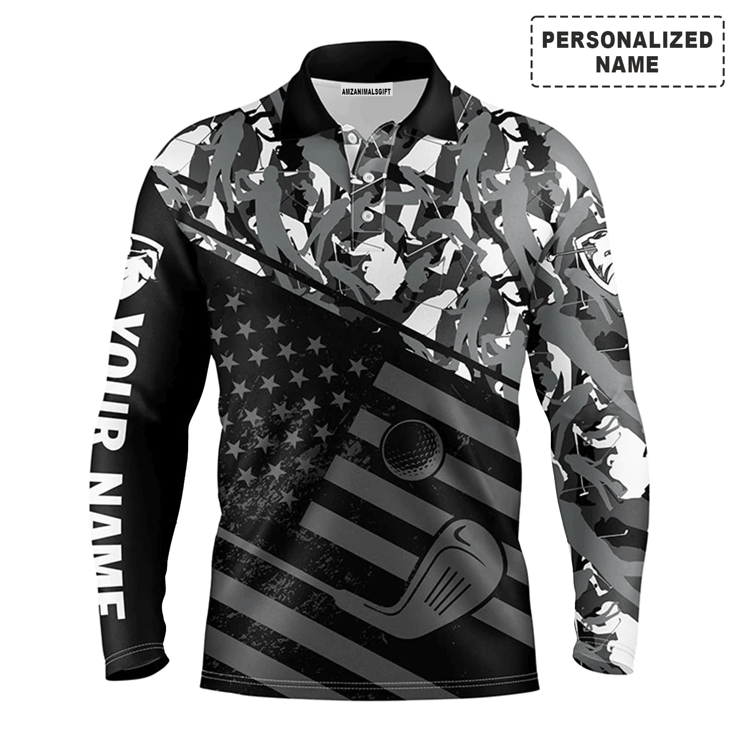 Golf Men Polo Shirt - Black American Flag Patriotic Camo Pattern Custom Name Apparel - Personalized Gift For Golf Lover, Team, 4th July, Patriotic - Image 8