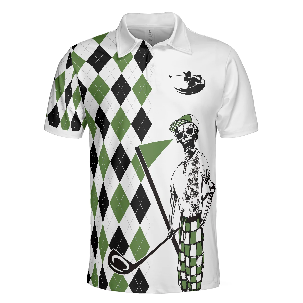 Golf Men Polo Shirt, Black And Green Argyle Pattern Skeleton, I Was One Under Today Polo Shirt, Gift Idea For Male Players, Golfers, Golf Lovers - Image 3