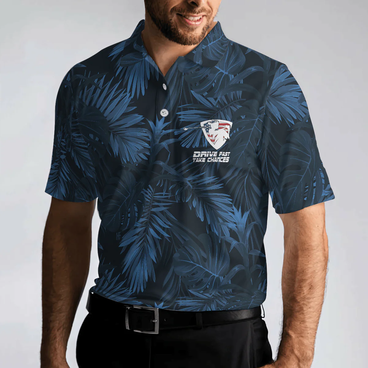 Golf Men Polo Shirt, Black And Navy Blue Tropical Pattern, Golfing American Flag Polo Shirt - Best Golf Shirt For Men, Golfer, Golf Lovers - Image 5