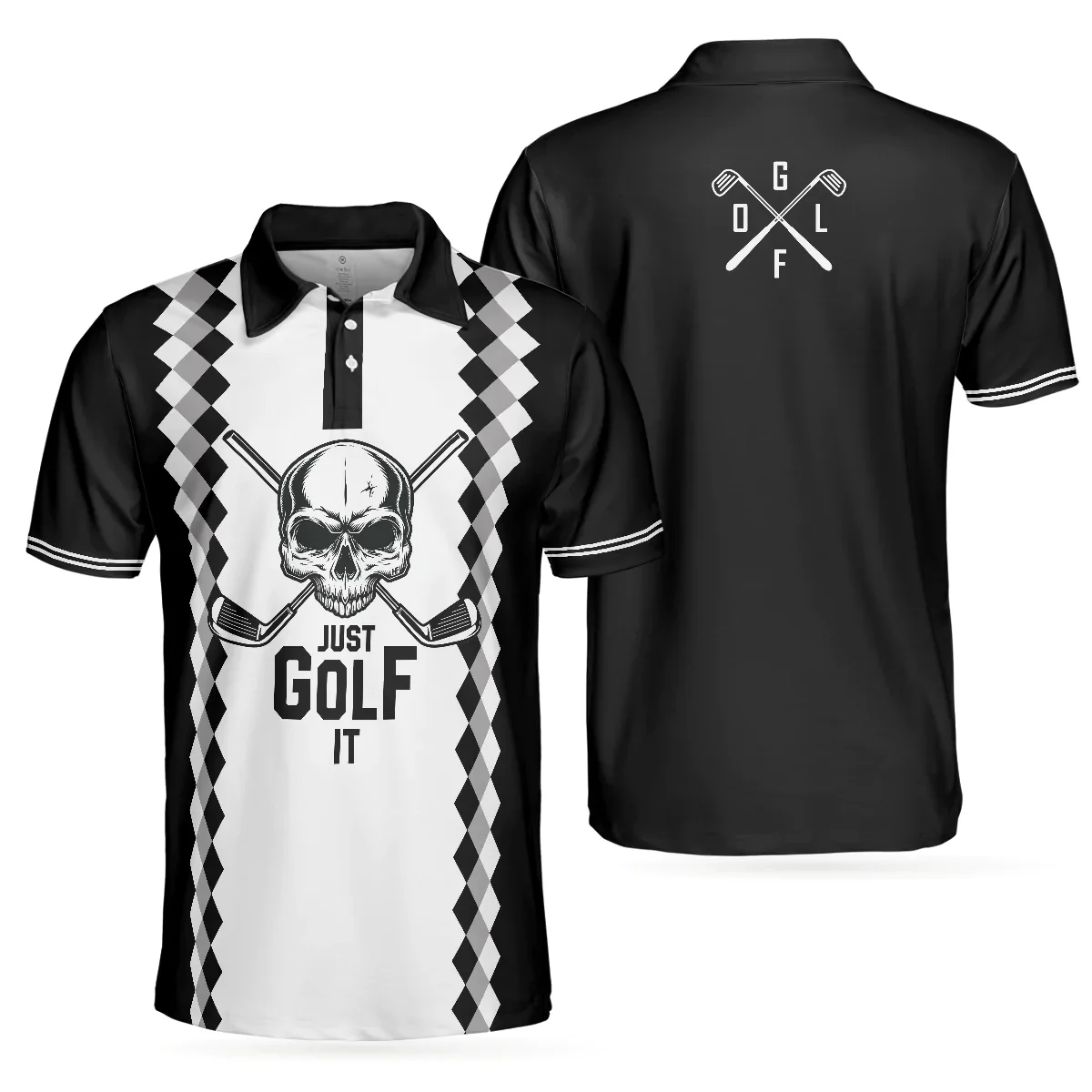 Golf Men Polo Shirt, Black And White Argyle Pattern Polo Shirt, Just Golf It Skull Golf Shirt For Men - Gift For Golfers, Golf Lovers