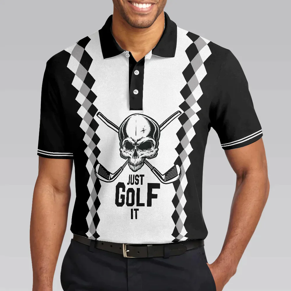 Golf Men Polo Shirt, Black And White Argyle Pattern Polo Shirt, Just Golf It Skull Golf Shirt For Men - Gift For Golfers, Golf Lovers - Image 5