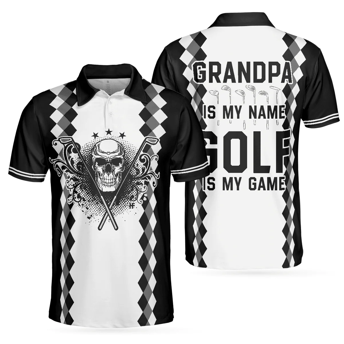 Golf Men Polo Shirt, Black And White Argyle Pattern Skull, Grandpa Is My Name Golf Is My Game Golf Shirt For Men - Gift For Golfers, Golf Lovers