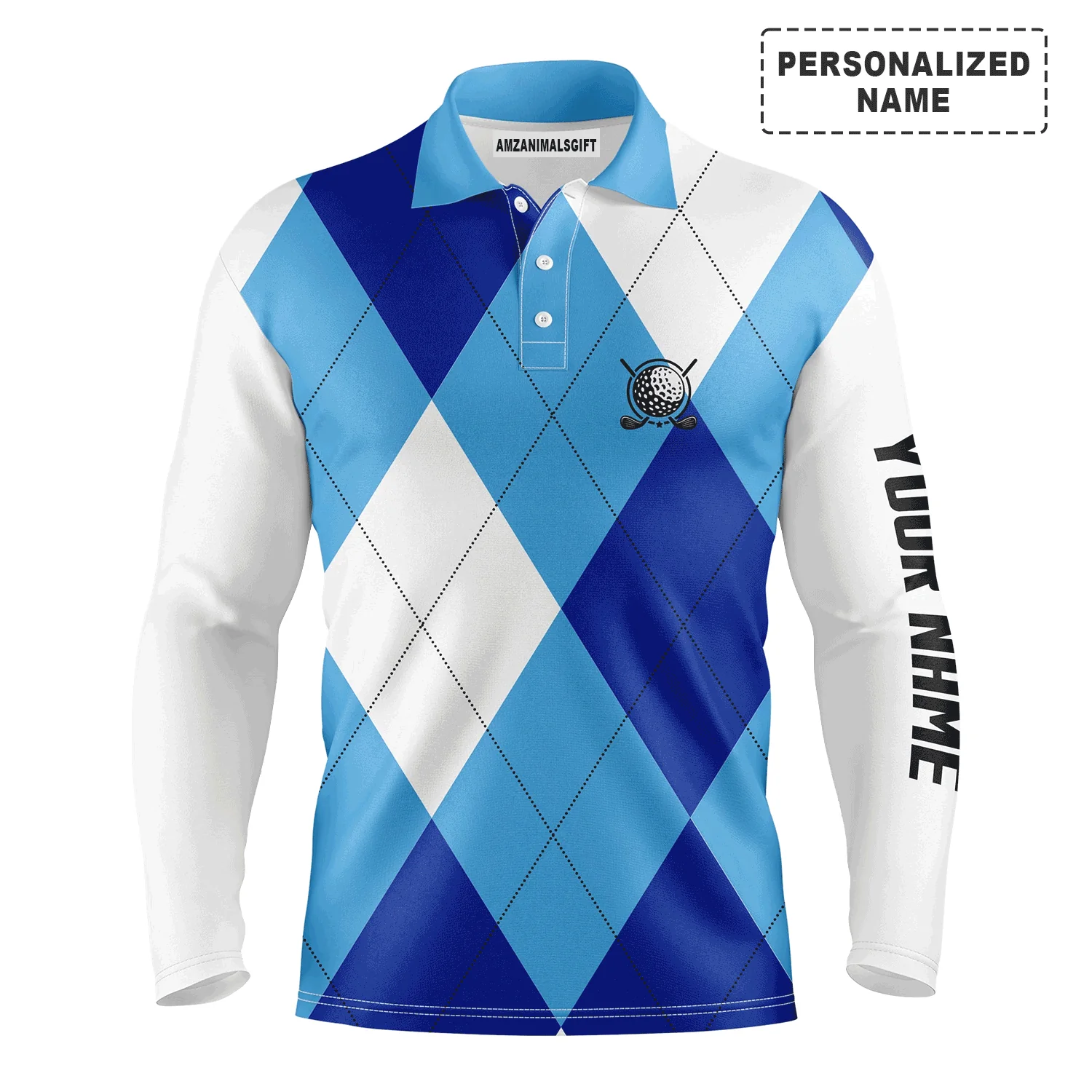 Golf Men Polo Shirt - Blue White Golf Pattern Custom Name Apparel - Personalized Gift For Golf Lover, Team, Golfer, Husband, Boyfriend - Image 3