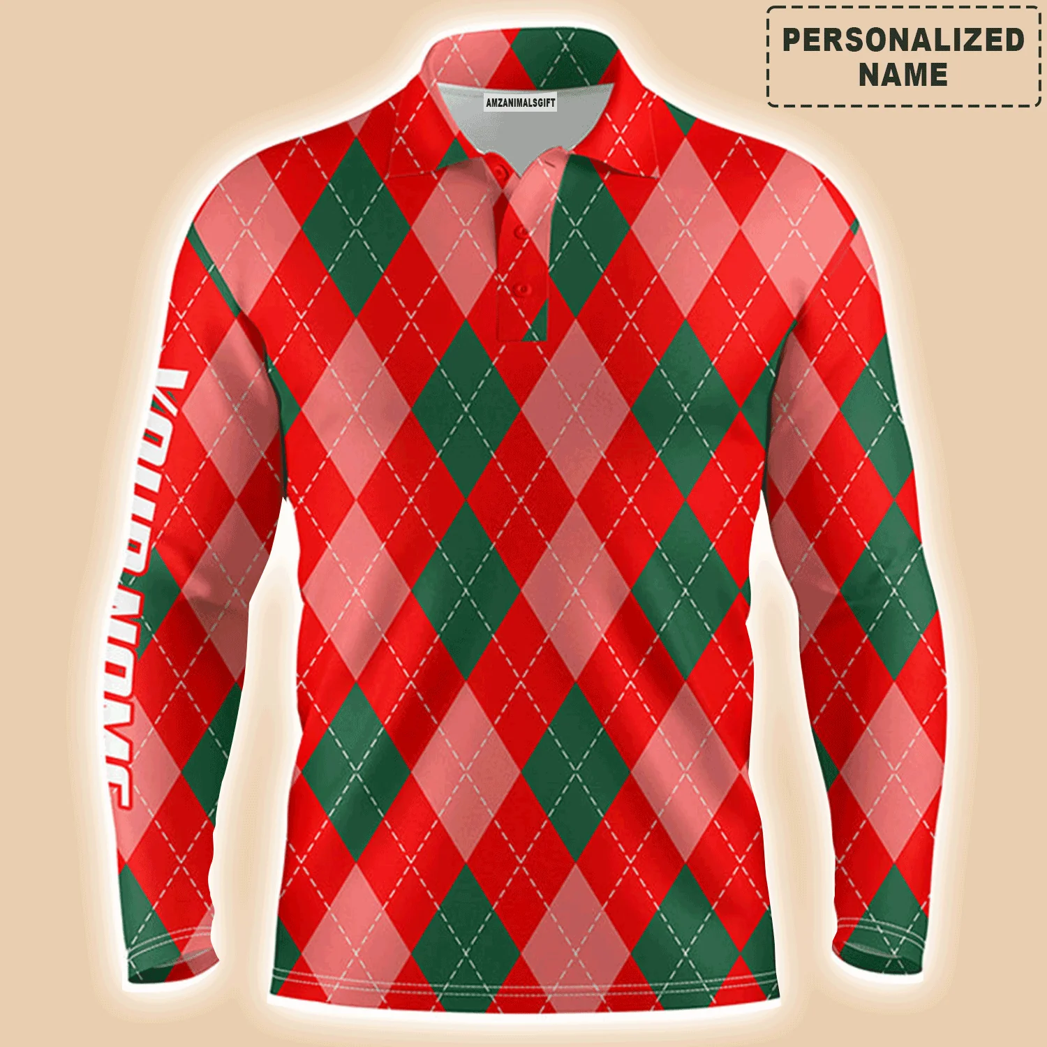 Golf Men Polo Shirt - Christmas Plaid Red Argyle Pattern Custom Name Apparel - Personalized Gift For Golf Lover, Men, Husband, Team, Boyfriend - Image 3