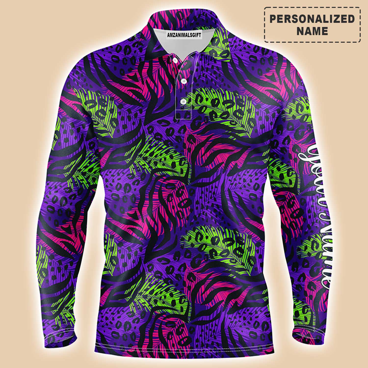 Golf Men Polo Shirt - Colorful Purple Tropical Background Custom Name Black - Personalized Gift For Golf Lover, Team, Golfers - Image 2