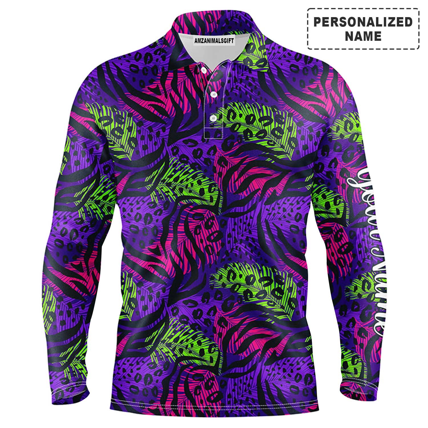 Golf Men Polo Shirt - Colorful Purple Tropical Background Custom Name Black - Personalized Gift For Golf Lover, Team, Golfers - Image 3