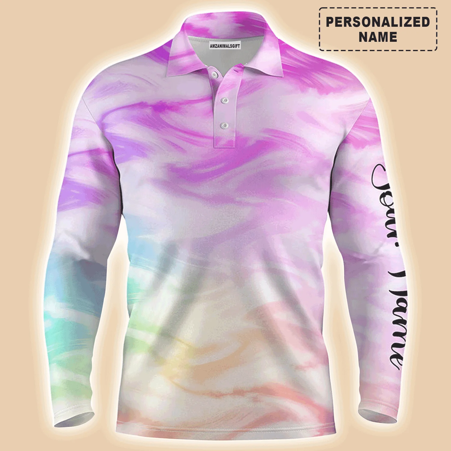 Golf Men Polo Shirt - Colorful Watercolor Paint Pattern Custom Name Apparel - Personalized Gift For Golf Lover, Team, Male Players, Golfer - Image 2