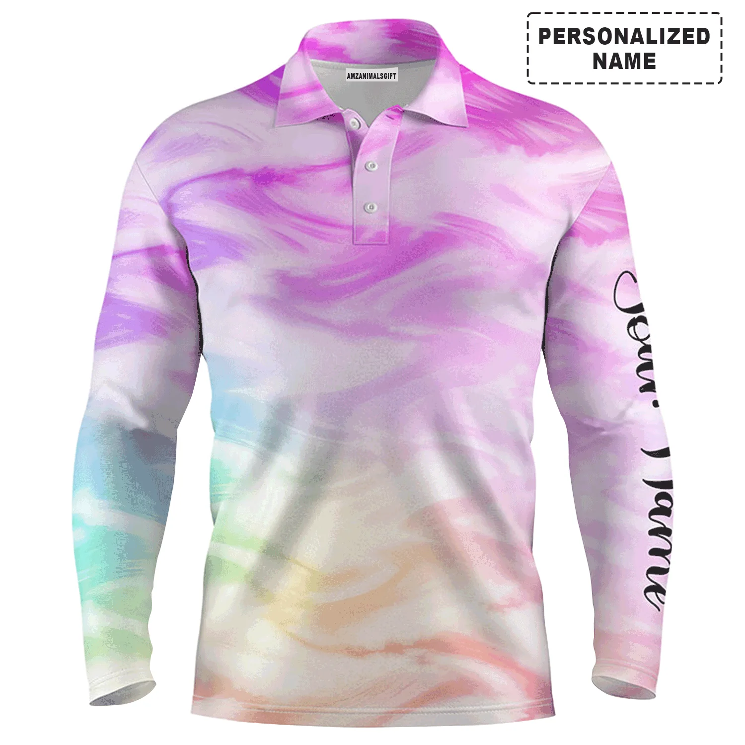 Golf Men Polo Shirt - Colorful Watercolor Paint Pattern Custom Name Apparel - Personalized Gift For Golf Lover, Team, Male Players, Golfer - Image 3