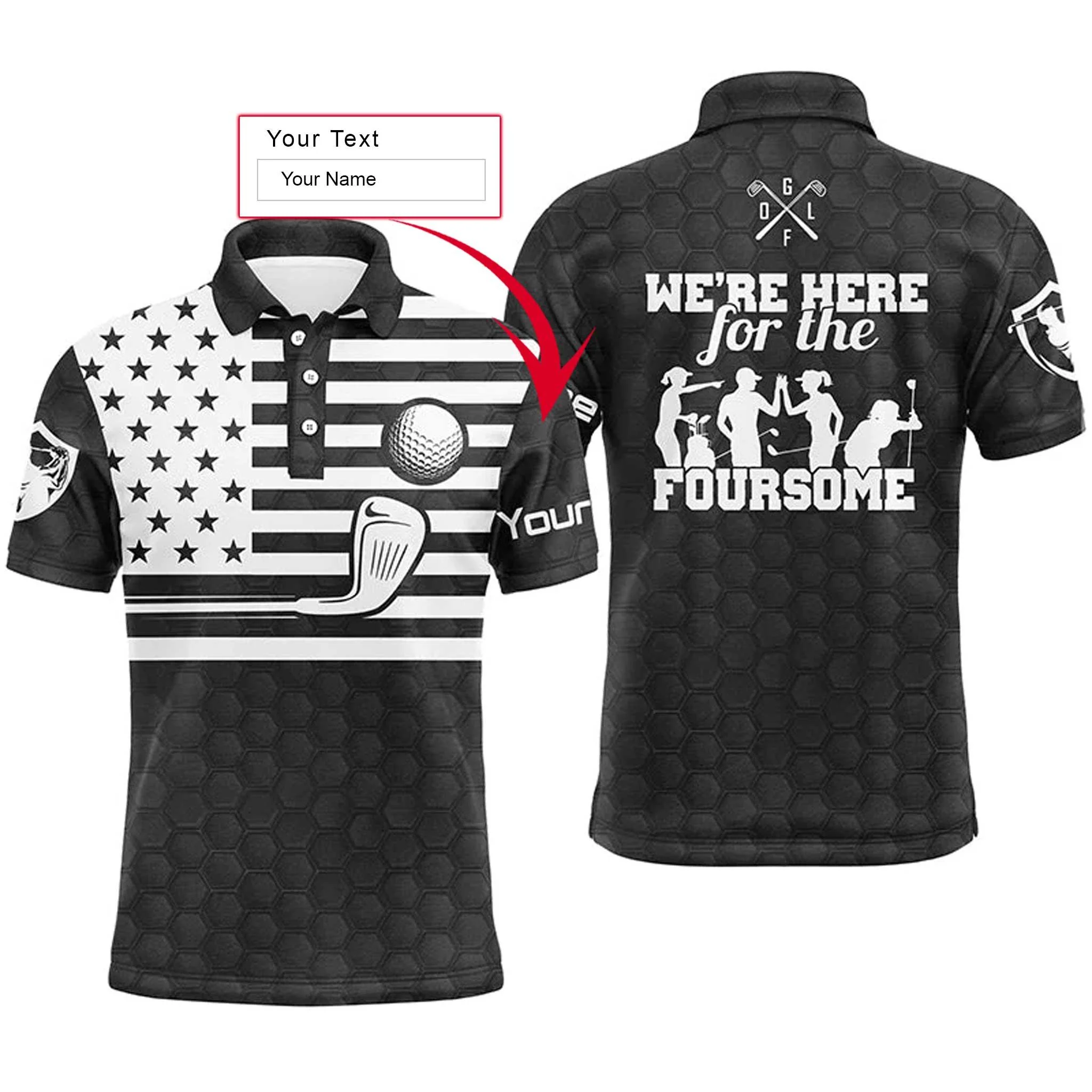 Golf Men Polo Shirt, Custom Name American Flag Black White Apparel Men Golf Polo Shirt, Personalized Gift For Golf Lover, Patriotic