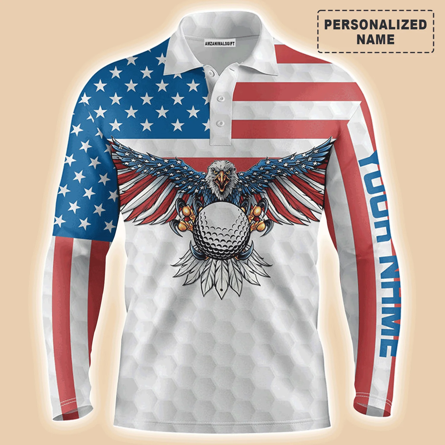 Golf Men Polo Shirt - Custom Name American Flag Eagle Golf Ball Apparel - Personalized Gift For Golf Lover, Team, Golfers, Patriotic, 4th July - Image 2