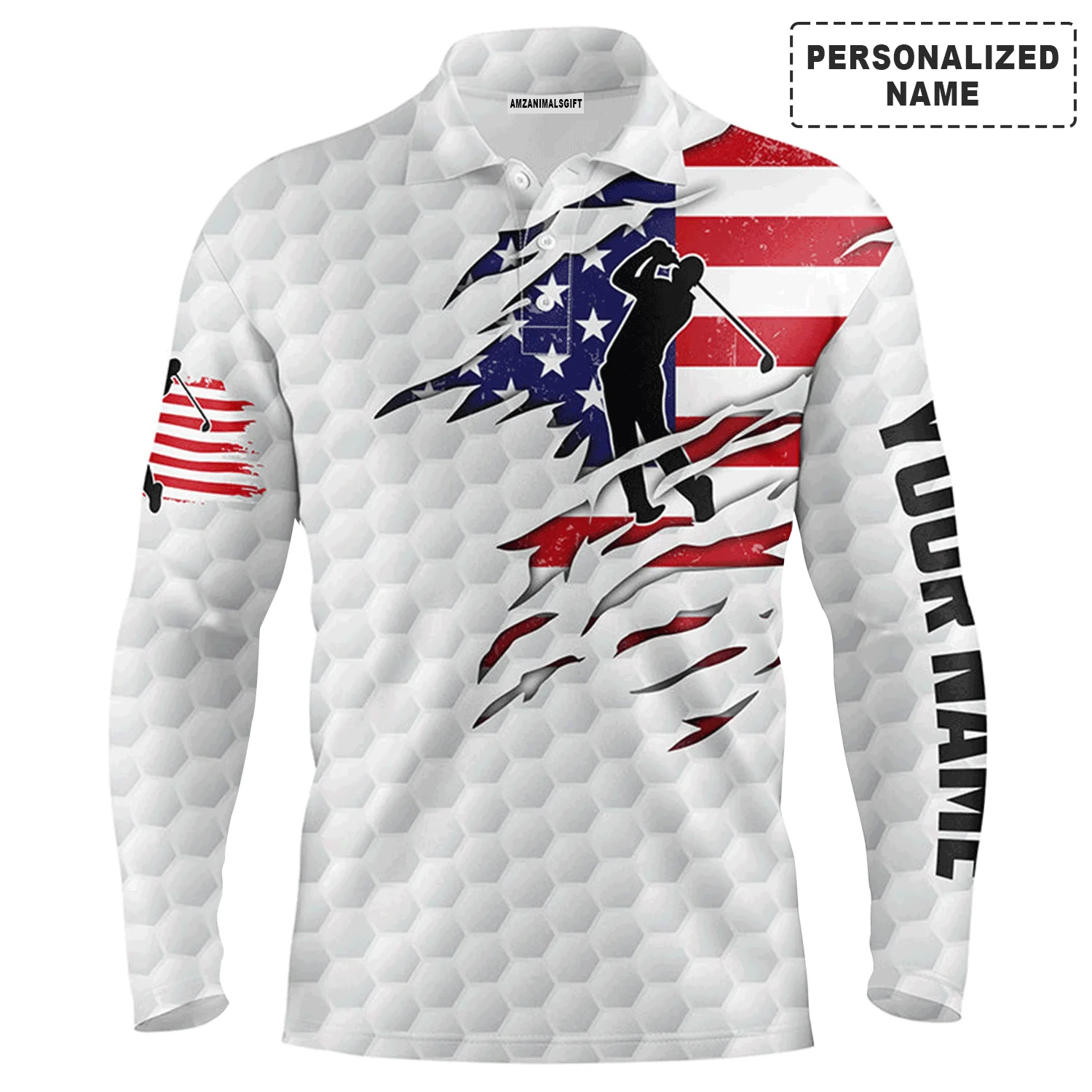 Golf Men Polo Shirt - Custom Name American Flag Patriot White Golf Balls Apparel - Personalized Sports Gift For Golf Lover, Male, Husband, Boyfriend - Image 2