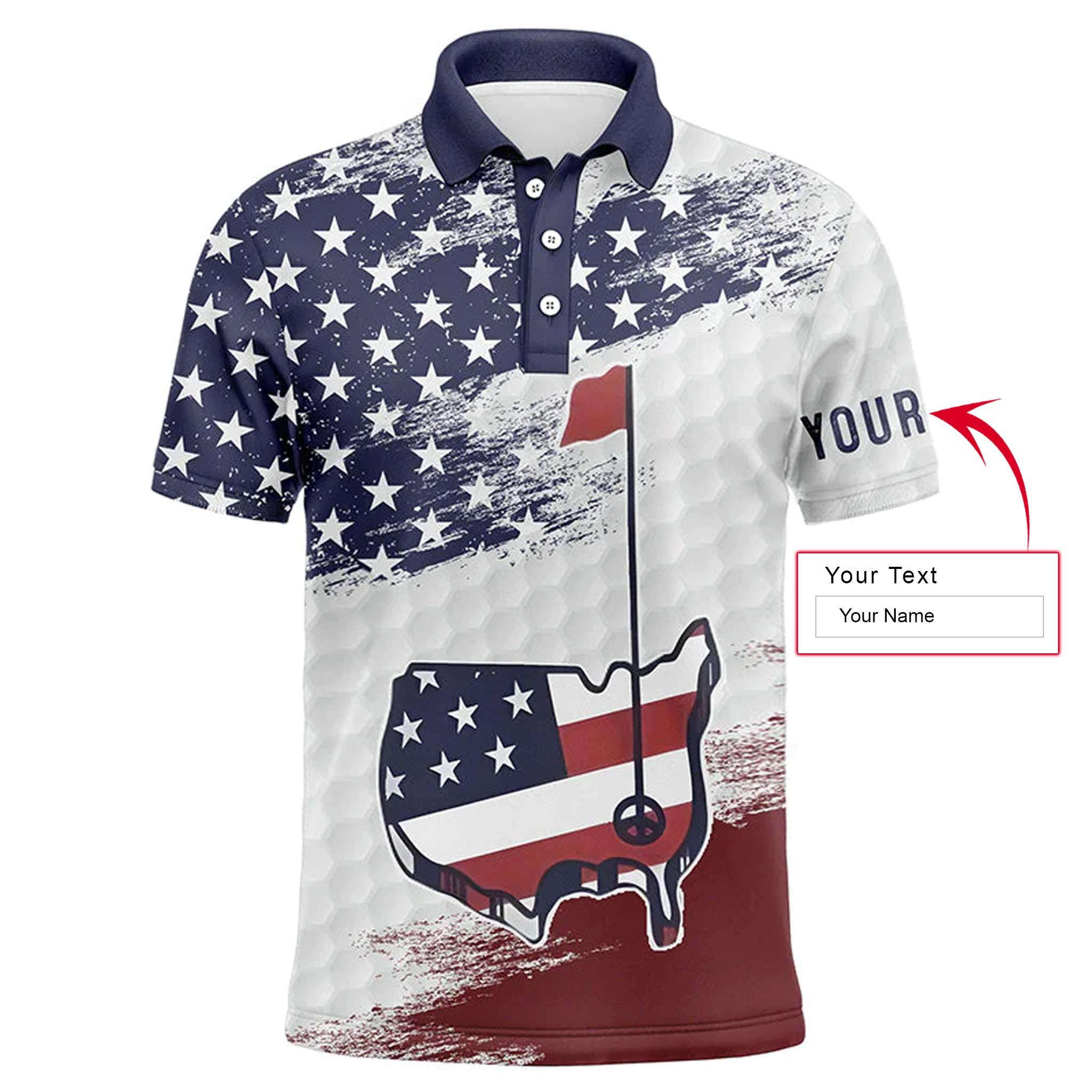 Golf Men Polo Shirt - Custom Name American Flag Sasquatch Playing Apparel - Personalized Gift For Golf Lover, Team, Patriotic, 4th July