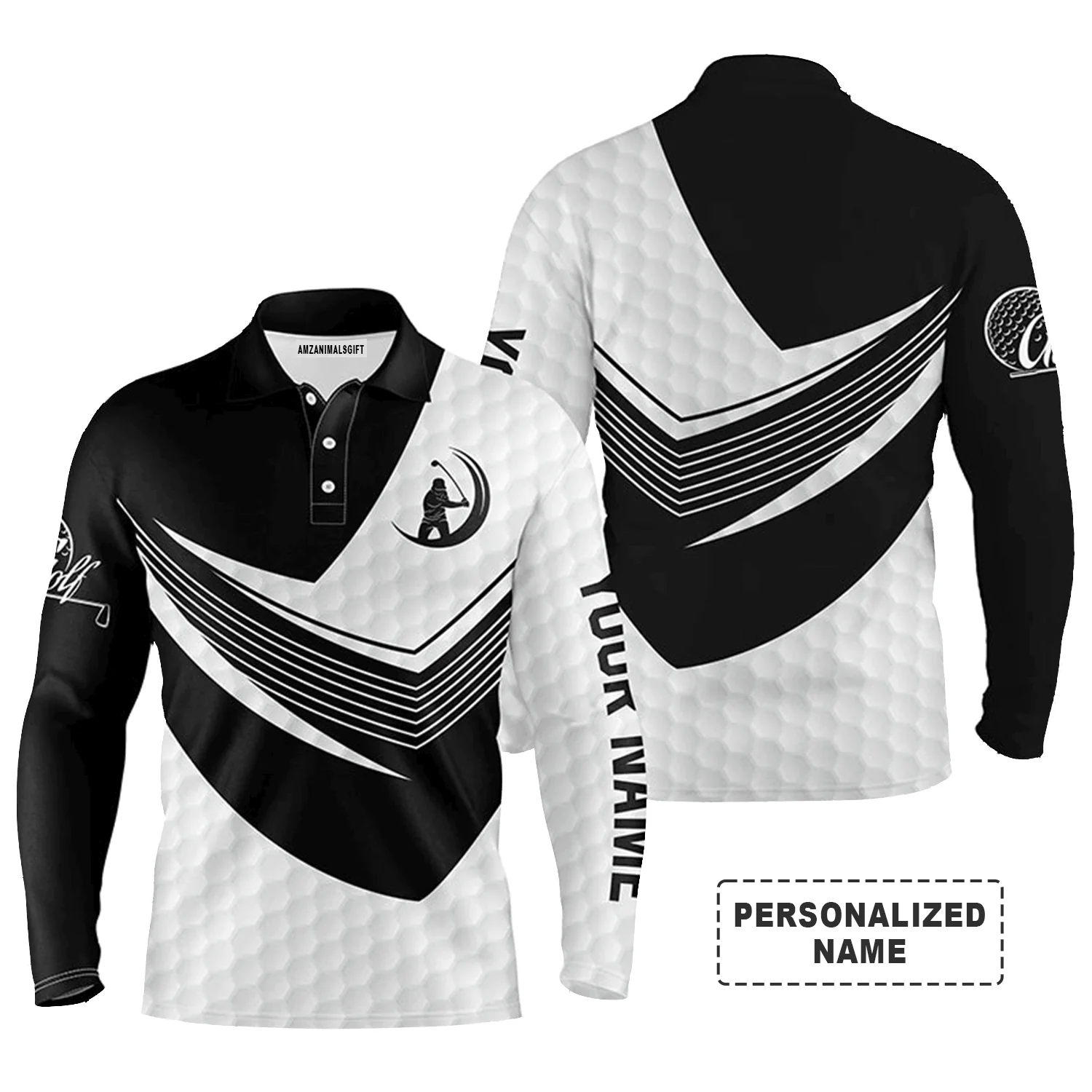 Golf Men Polo Shirt - Custom Name Black And White Golf Balls Skin Apparel Men Polo Shirt - Personalized Gift For Golf Lover, Team, Husband, Boyfriend, Men - Image 2