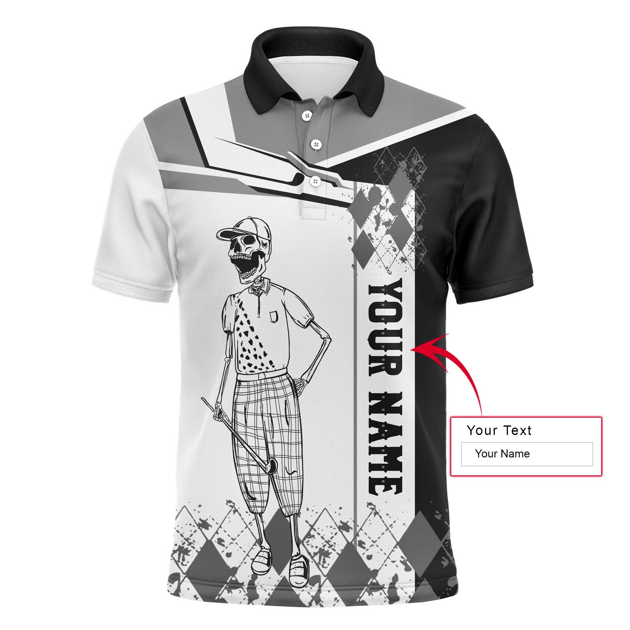 Golf Men Polo Shirt - Custom Name Black White Skull Apparel Men Polo Shirt - Personalized Gift For Golf Lover, Team, Golfer