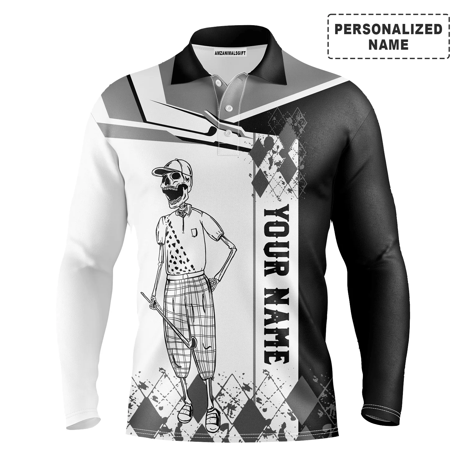 Golf Men Polo Shirt - Custom Name Black White Skull Apparel Men Polo Shirt - Personalized Gift For Golf Lover, Team, Golfer - Image 3