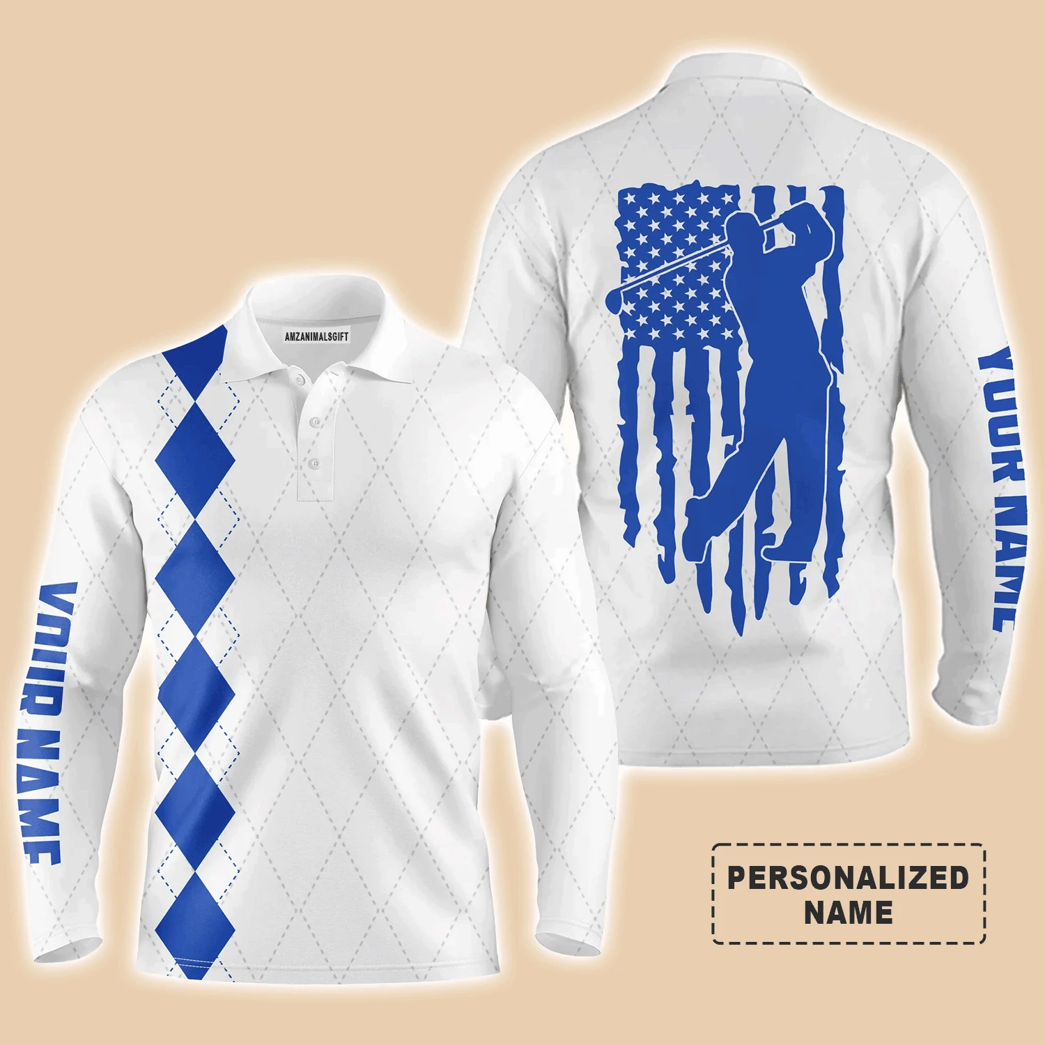Golf Men Polo Shirt - Custom Name Blue American Flag Apparel - Personalized Gift For Golf Lover, Team, Husband, Boyfriend, Men, Patriotic, 4th July - Image 2