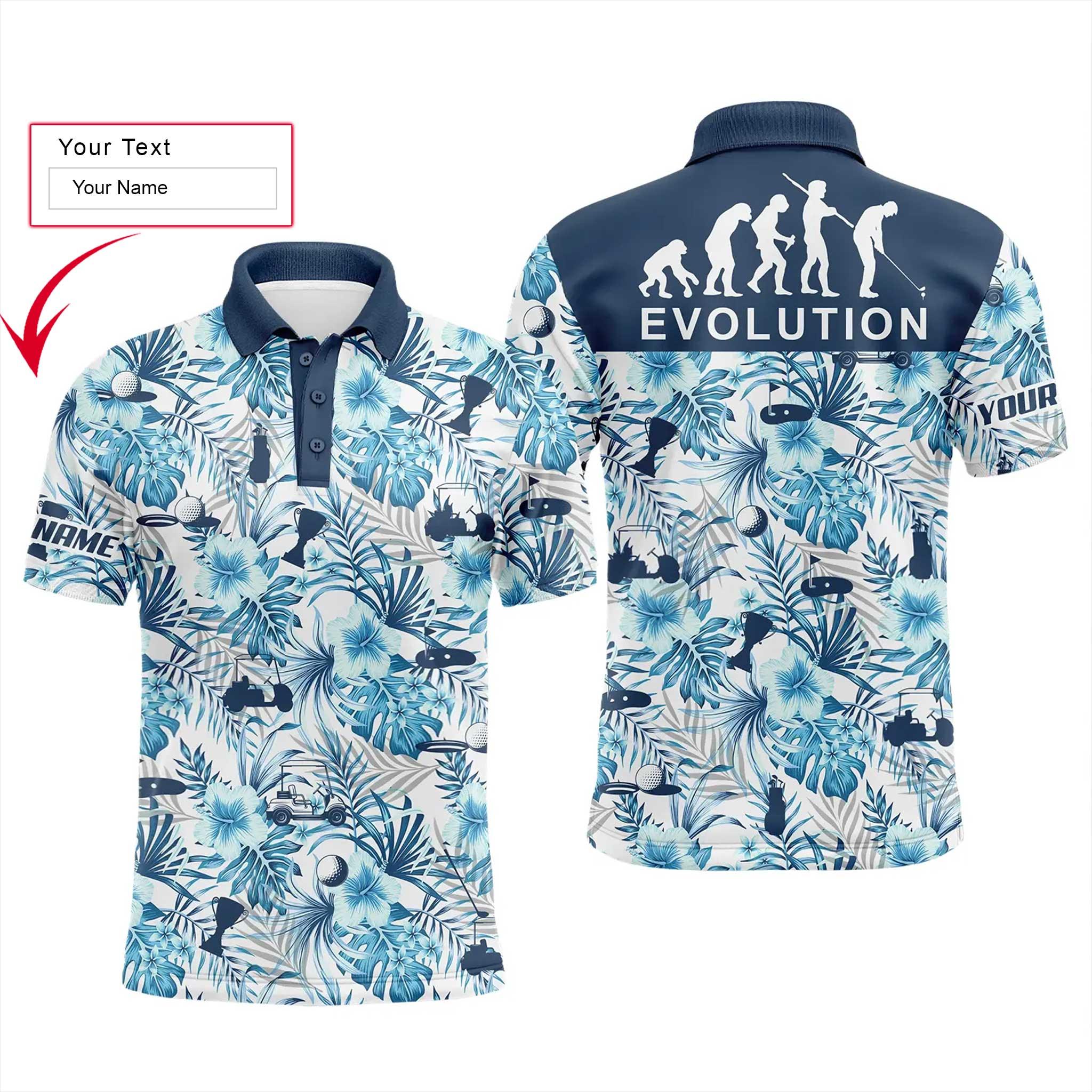 Golf Men Polo Shirt - Custom Name Blue Tropical Plant Pattern Apparel - Personalized Gift For Golf Lover, Team, Husband, Boyfriend, Men - Evolution