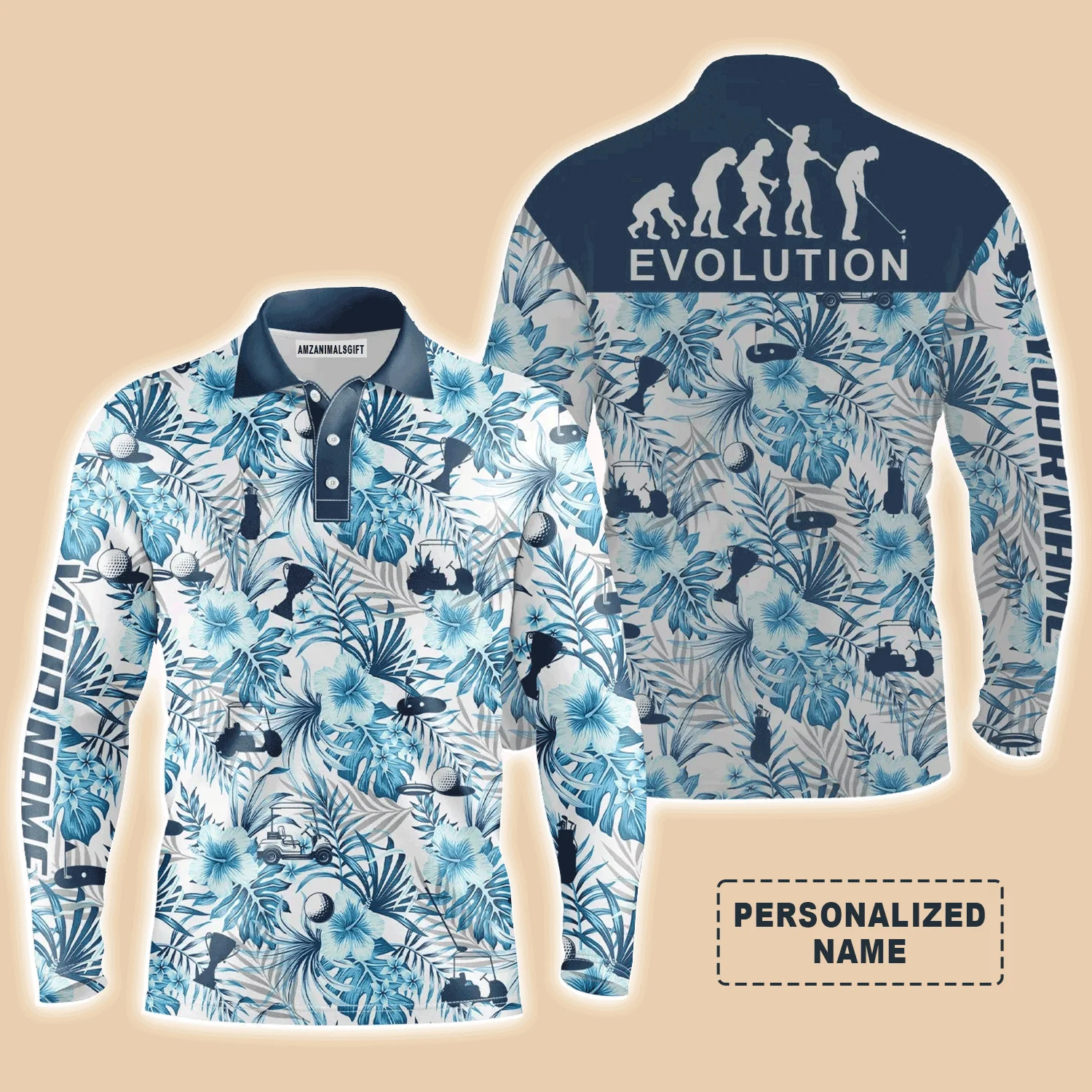 Golf Men Polo Shirt - Custom Name Blue Tropical Plant Pattern Apparel - Personalized Gift For Golf Lover, Team, Husband, Boyfriend, Men - Evolution - Image 3