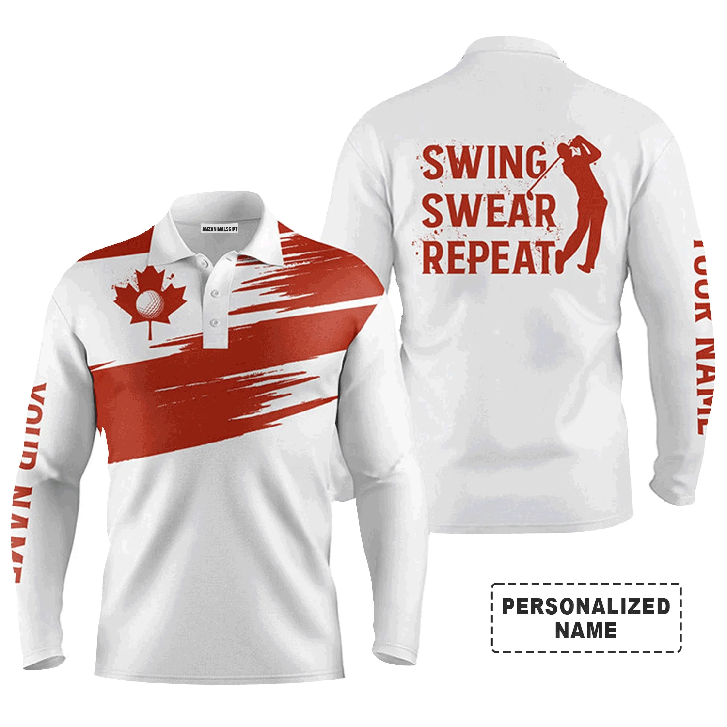 Golf Men Polo Shirt - Custom Name Canada Flag Apparel, Swing Swear Repeat Men Polo Shirt - Personalized Gift For Golf Lover, Men, Team, Husband, Boyfriend - Image 2