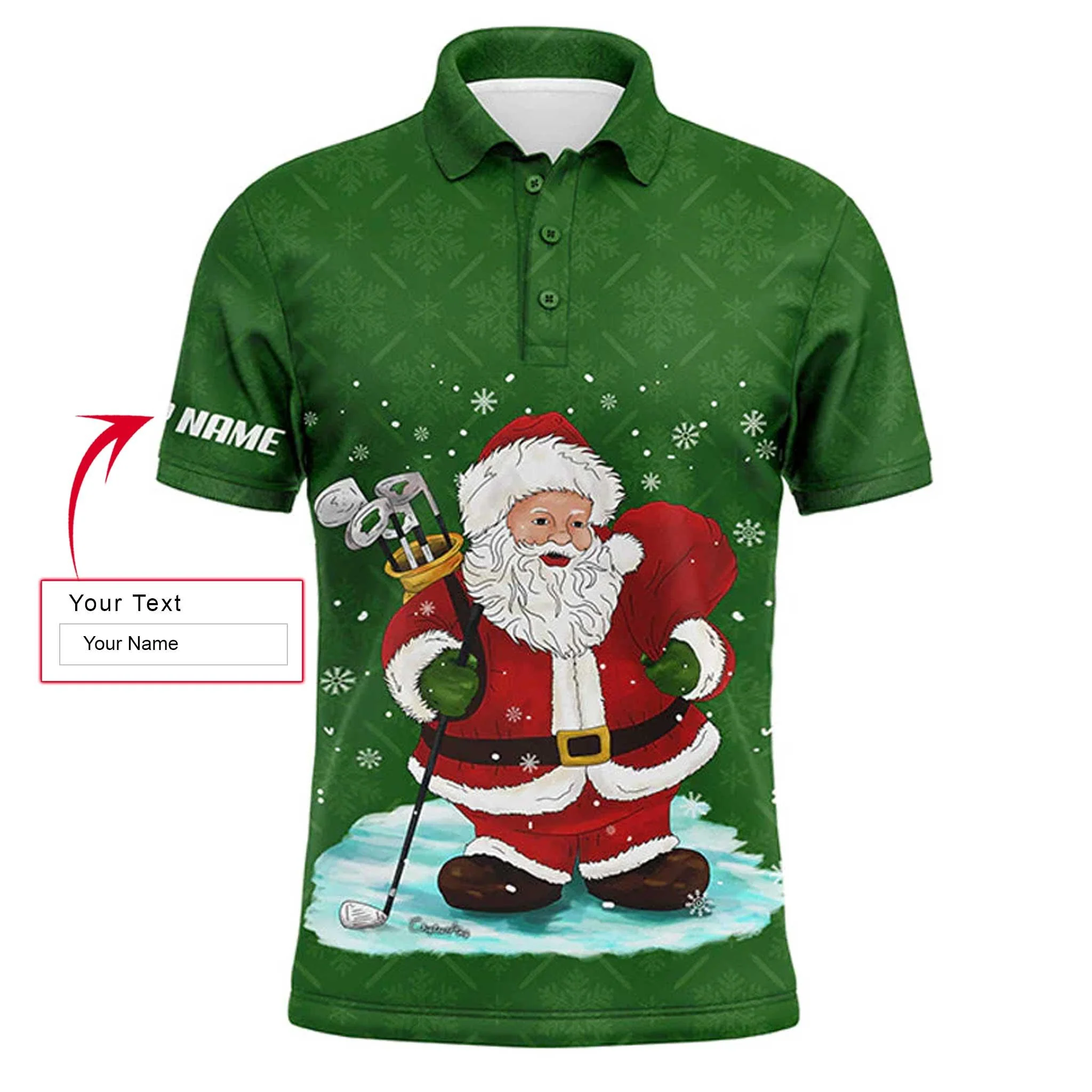 Golf Men Polo Shirt - Custom Name Christmas Green Pattern Santa Golfer Apparel - Personalized Gift For Golf Lover, Team, Husband, Boyfriend