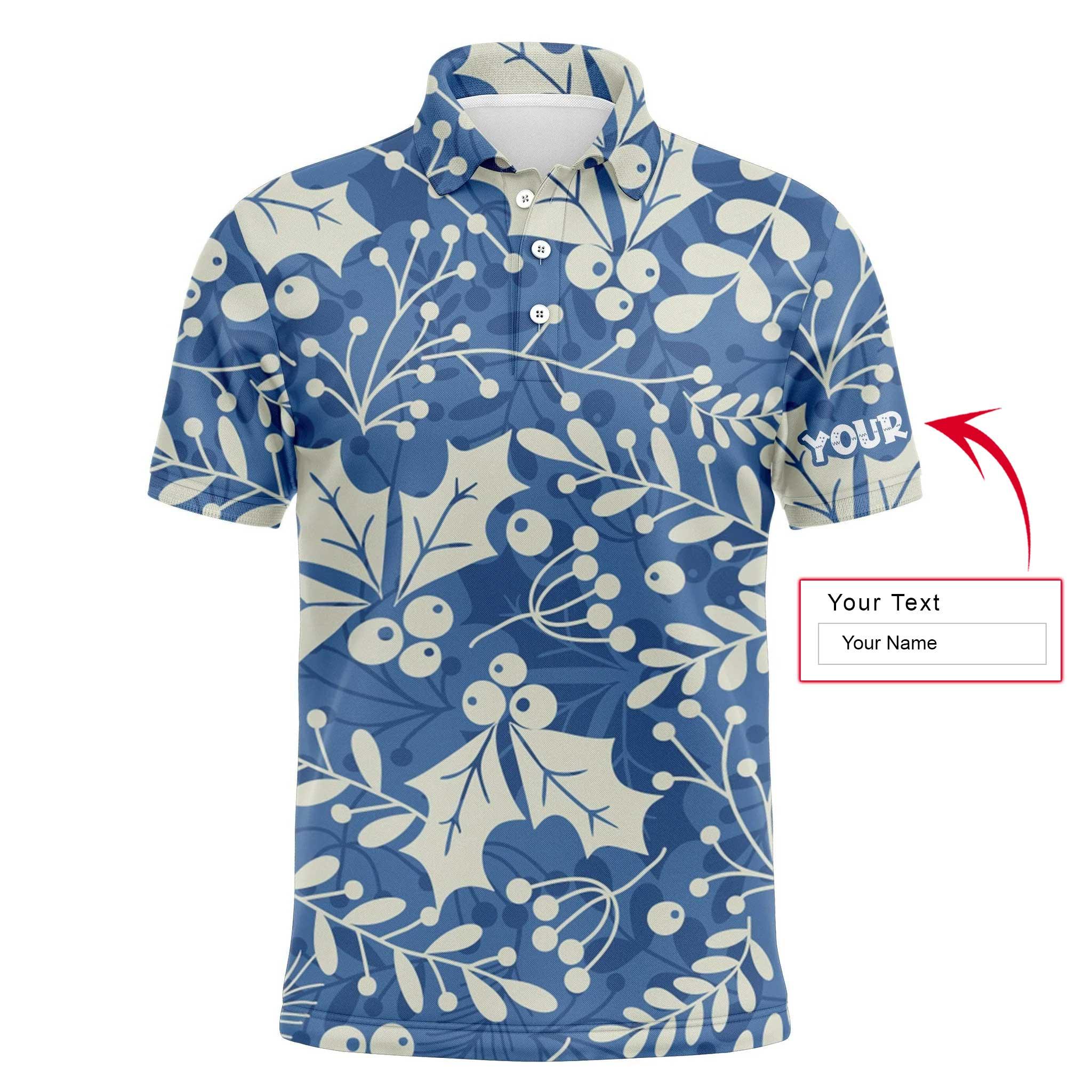 Golf Men Polo Shirt - Custom Name Christmas Holly Leaves And Berries Pattern Apparel - Personalized Gift For Golf Lover, Team, Husband, Boyfriend