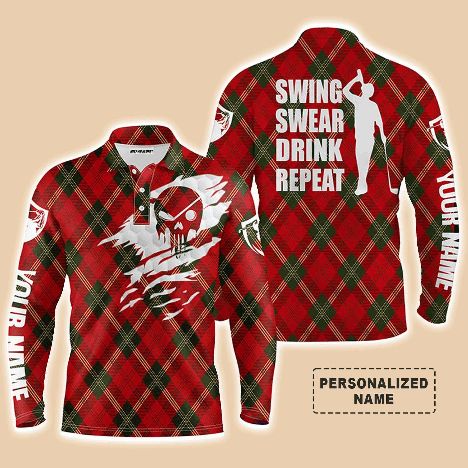 Golf Men Polo Shirt - Custom Name Christmas Pattern Apparel, Swing Swear Drink Repeat Men Polo Shirt - Personalized Gift For Golf Lover, Men - Image 3