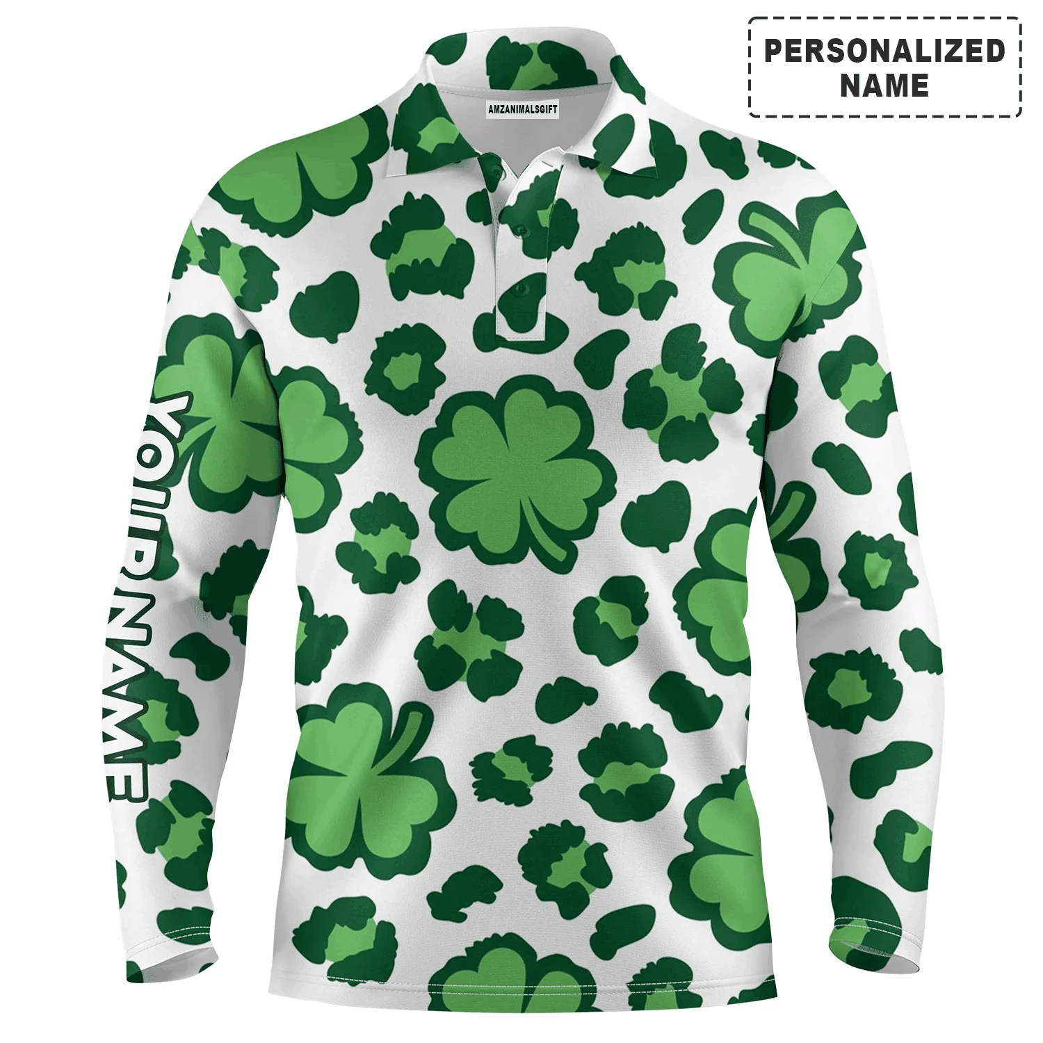 Golf Men Polo Shirt - Custom Name Clover And Leopard Pattern St. Patrick's Day Apparel Men Polo Shirt - Personalized Gift For Golf Lover, Men - Image 2
