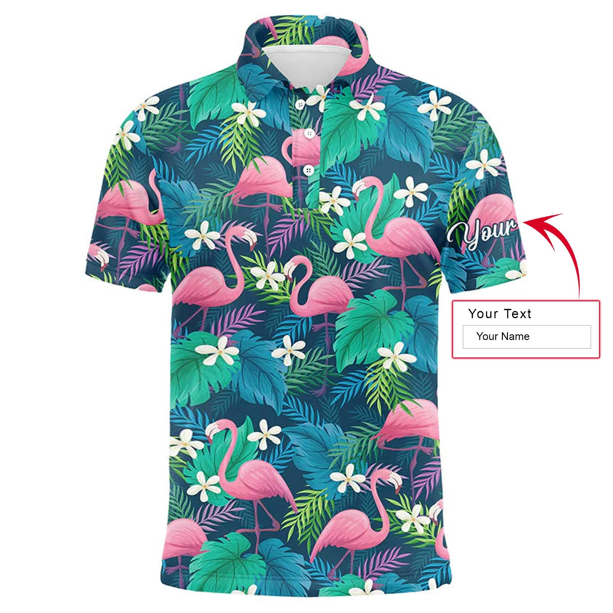 Golf Men Polo Shirt - Custom Name Colorful Flamingo Green Tropical Leaf Pattern Apparel - Personalized Gift For Golf Lover, Team, Husband, Boyfriend