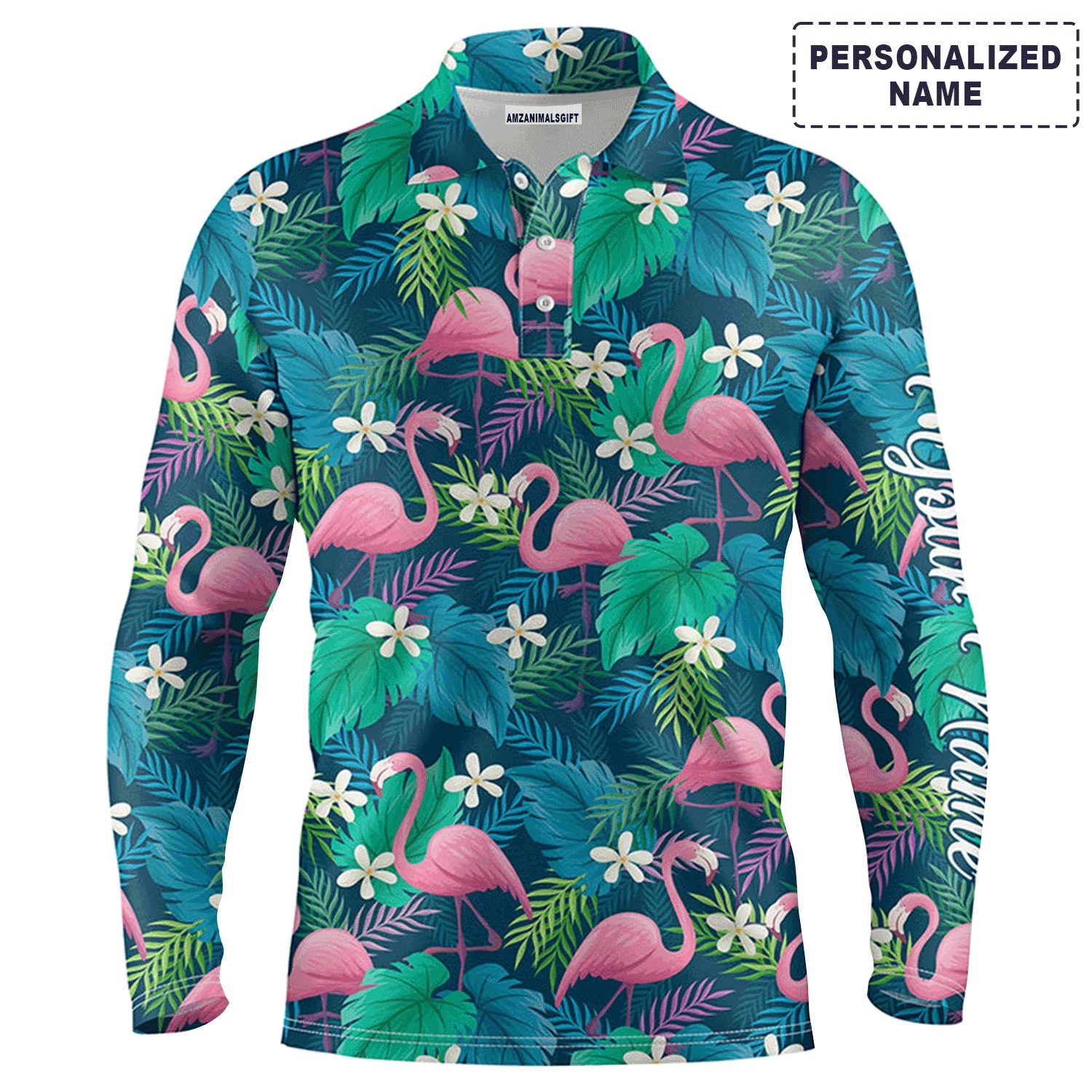 Golf Men Polo Shirt - Custom Name Colorful Flamingo Green Tropical Leaf Pattern Apparel - Personalized Gift For Golf Lover, Team, Husband, Boyfriend - Image 3