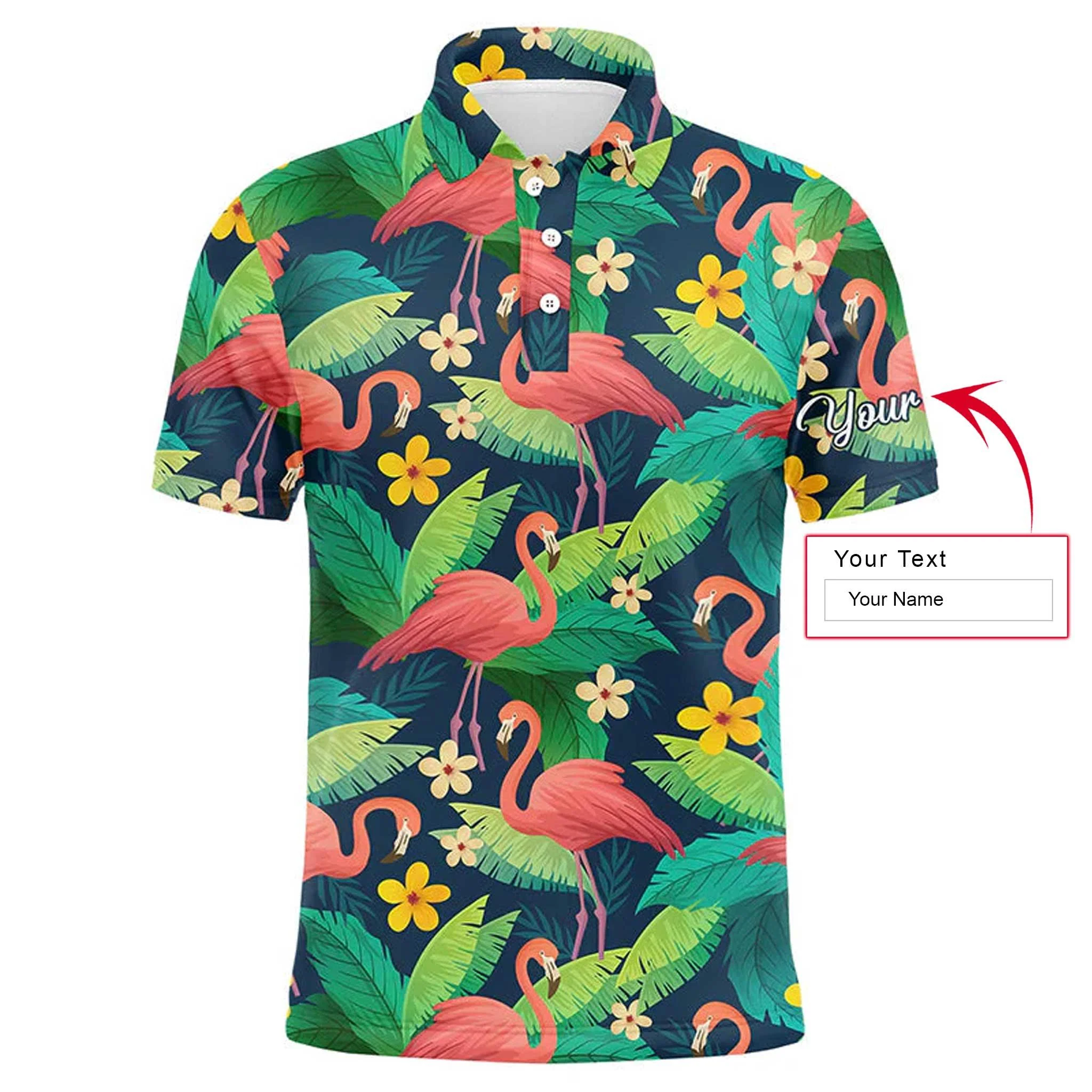 Golf Men Polo Shirt - Custom Name Colorful Flamingo Pattern Green Tropical Leaves Apparel - Personalized Gift For Golf Lover, Team, Husband, Boyfriend