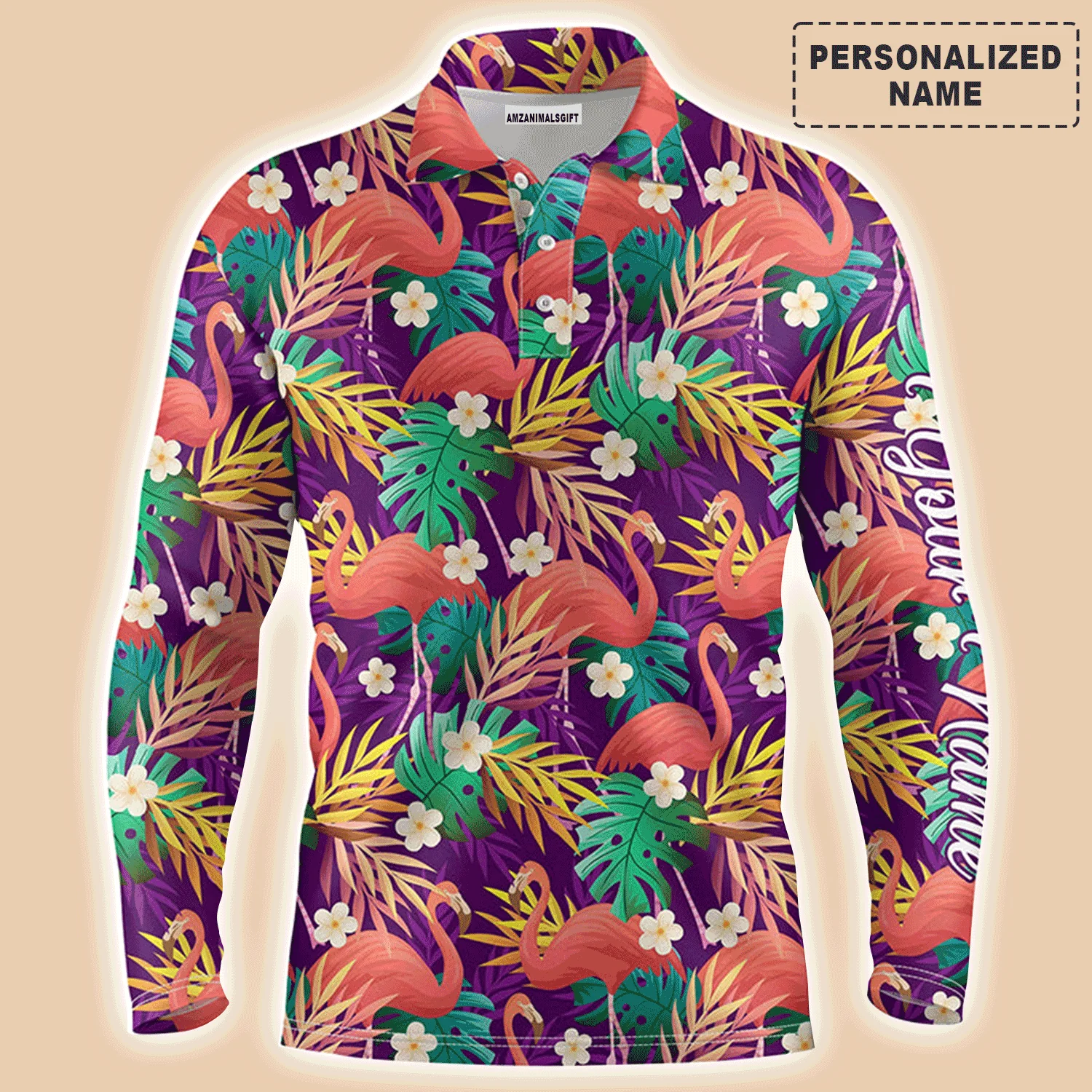 Golf Men Polo Shirt - Custom Name Colorful Flamingo Pattern Tropical Leaves Apparel - Personalized Gift For Golf Lover, Team, Husband, Boyfriend - Image 3