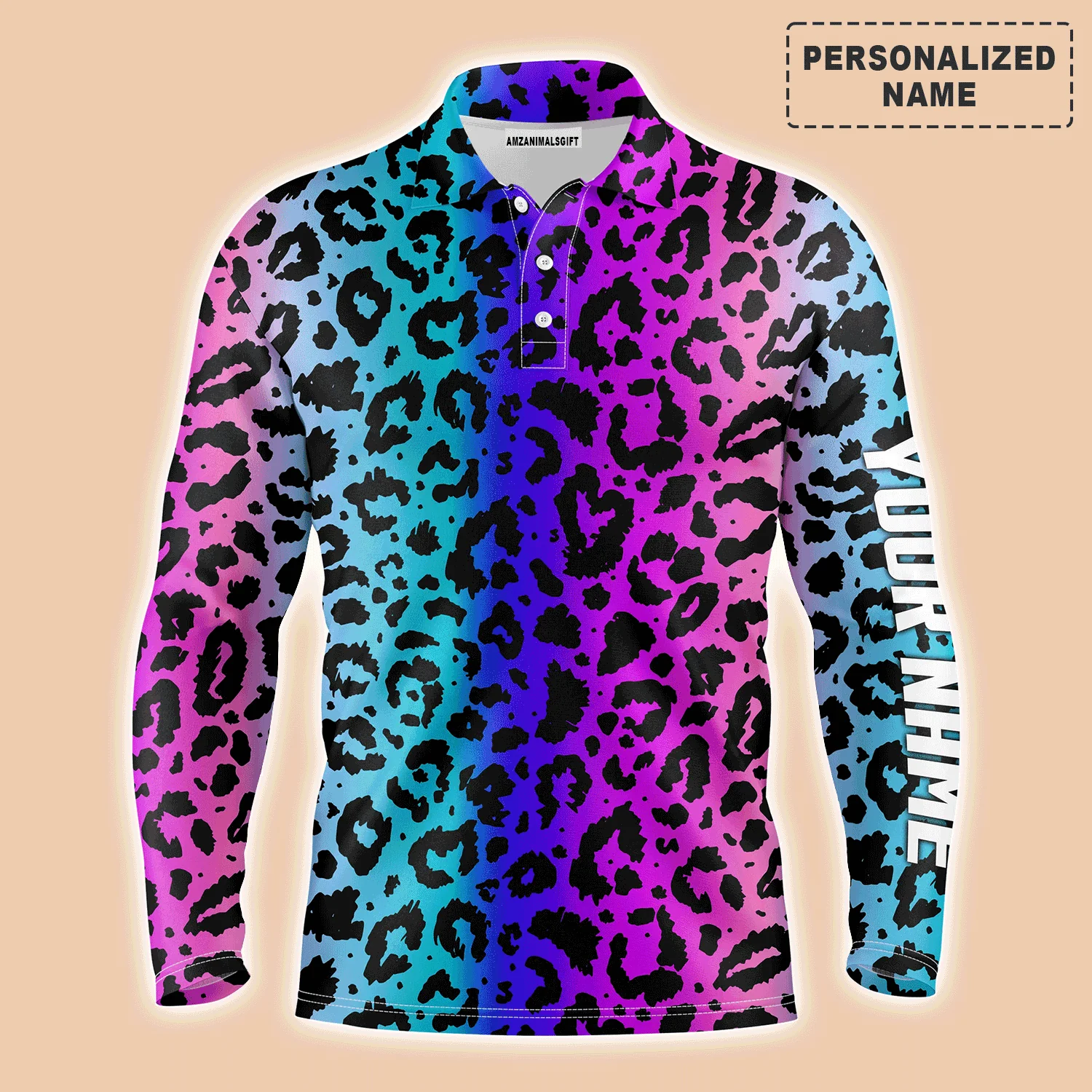 Golf Men Polo Shirt - Custom Name Colorful Neon Gradient Leopard Pattern Apparel - Personalized Gift For Golf Lover, Team, Husband, Boyfriend, Men - Image 2
