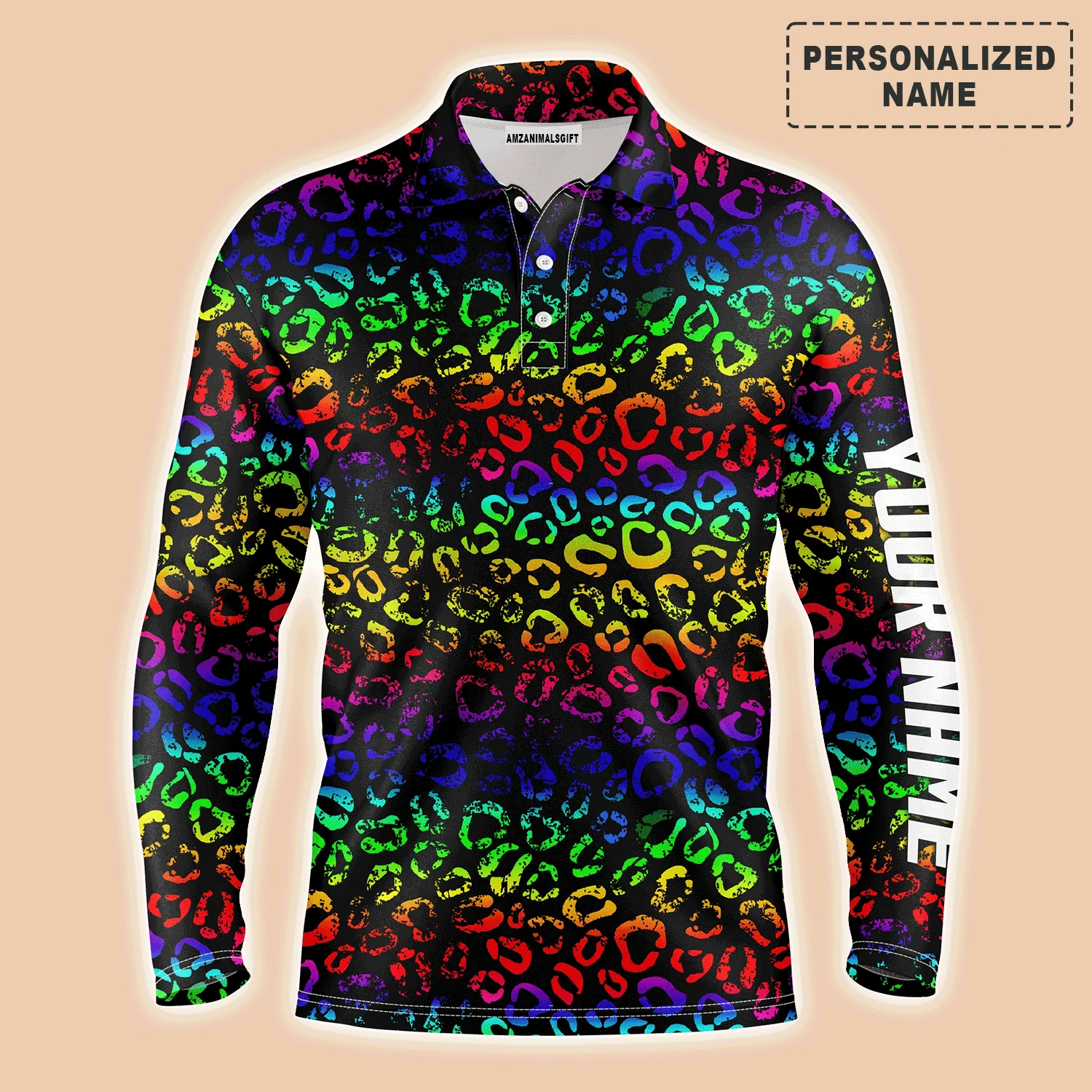 Golf Men Polo Shirt - Custom Name Colorful Neon Rainbow Leopard Pattern Apparel - Personalized Gift For Golf Lover, Team, Husband, Boyfriend, Men - Image 2
