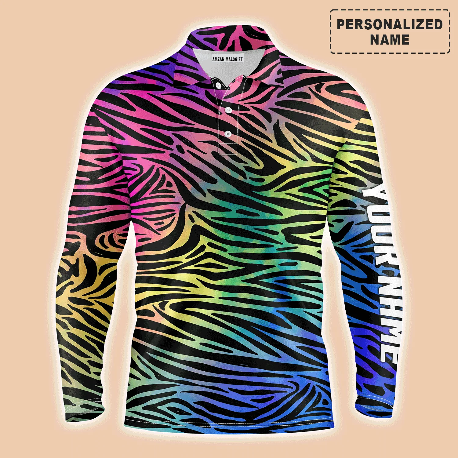 Golf Men Polo Shirt - Custom Name Colorful Neon Rainbow Zebra Skin Pattern Apparel - Personalized Gift For Golf Lover, Team, Husband, Boyfriend, Men - Image 2
