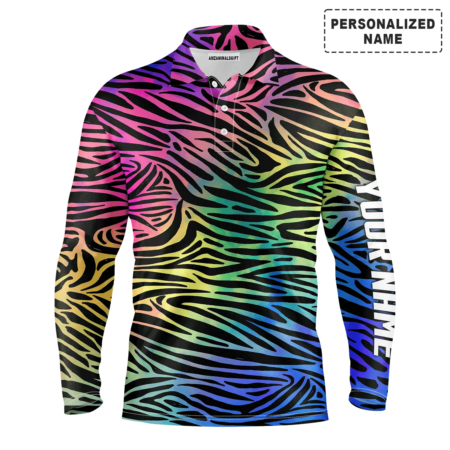 Golf Men Polo Shirt - Custom Name Colorful Neon Rainbow Zebra Skin Pattern Apparel - Personalized Gift For Golf Lover, Team, Husband, Boyfriend, Men - Image 3