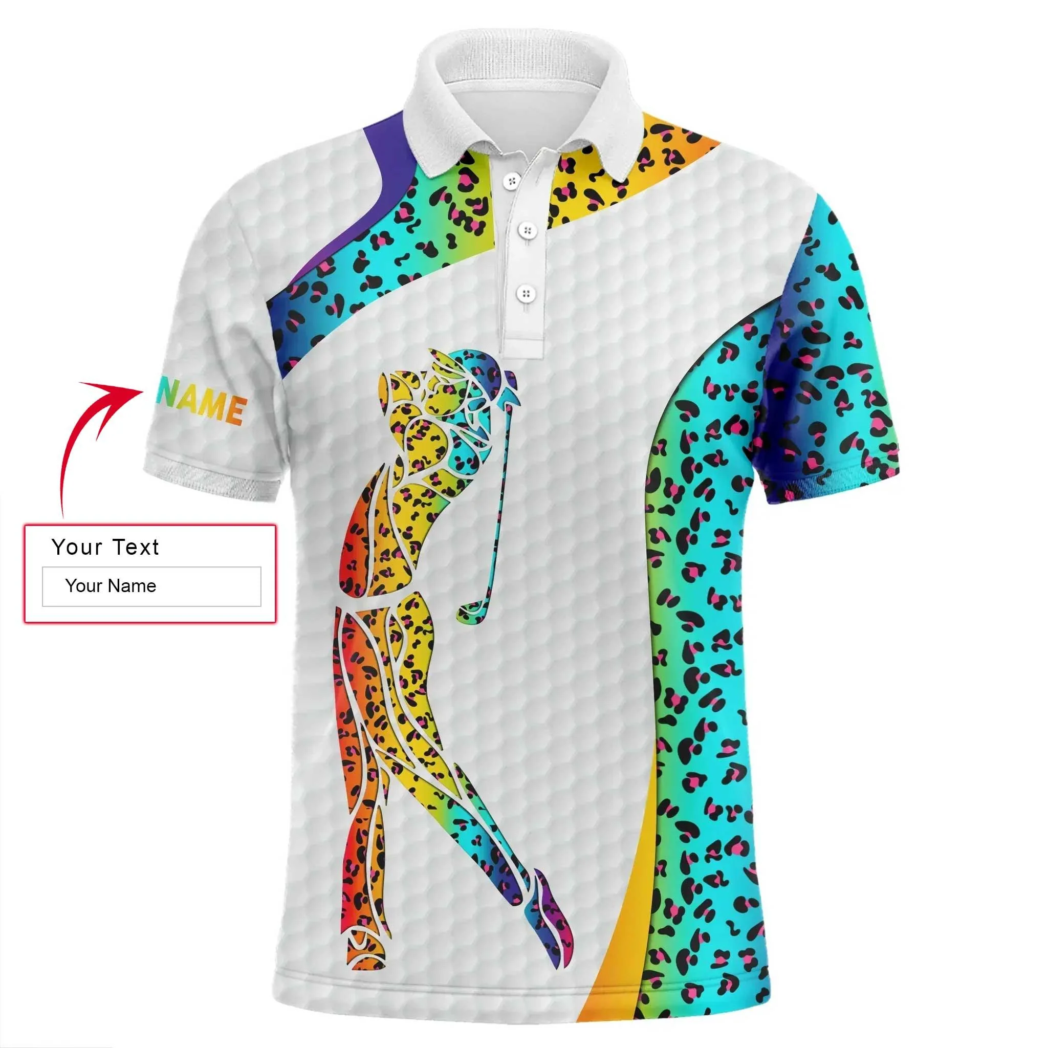 Golf Men Polo Shirt - Custom Name Colorful Rainbow Neon Leopard Apparel - Personalized Gift For Golf Lover, Team, Husband, Boyfriend, Men
