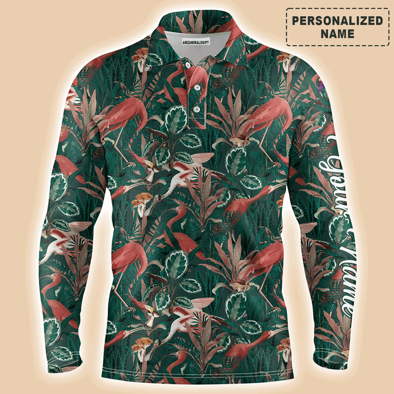 Golf Men Polo Shirt - Custom Name Flamingo Green Tropical Jungle Pattern Apparel - Personalized Gift For Golf Lover, Team, Husband, Boyfriend - Image 3